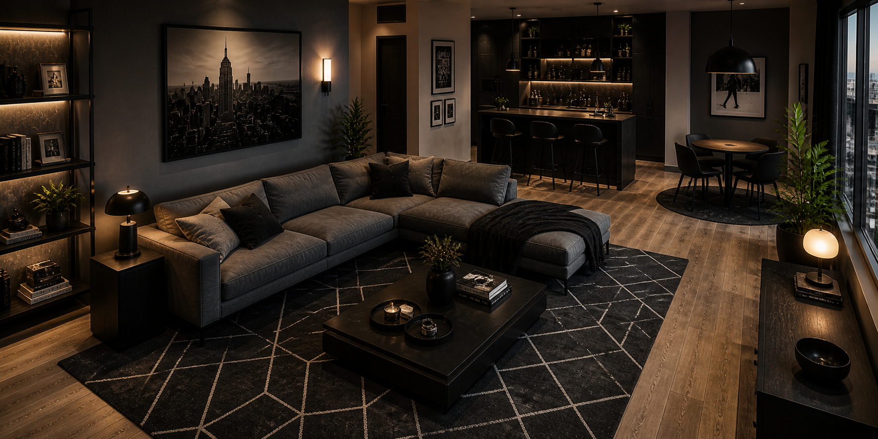Modern masculine living space with a geometric dark rug anchoring gray sofa, black coffee table, and soft lighting.