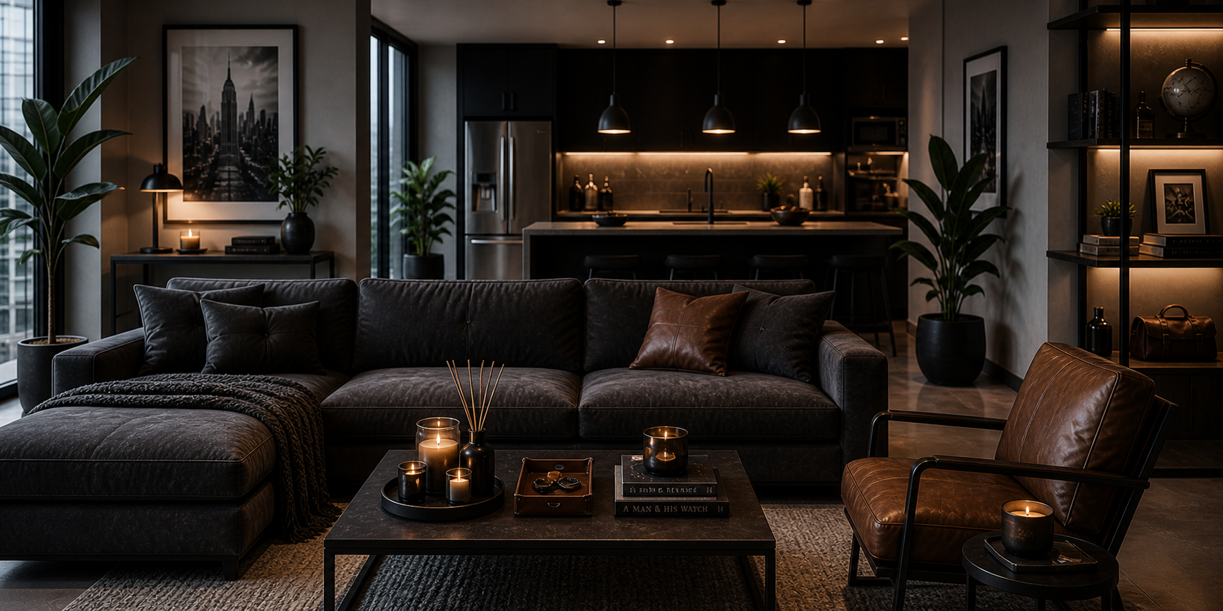 Bachelor apartment with scented candles, leather accessories, and minimalist decor elements adding refinement and warmth.