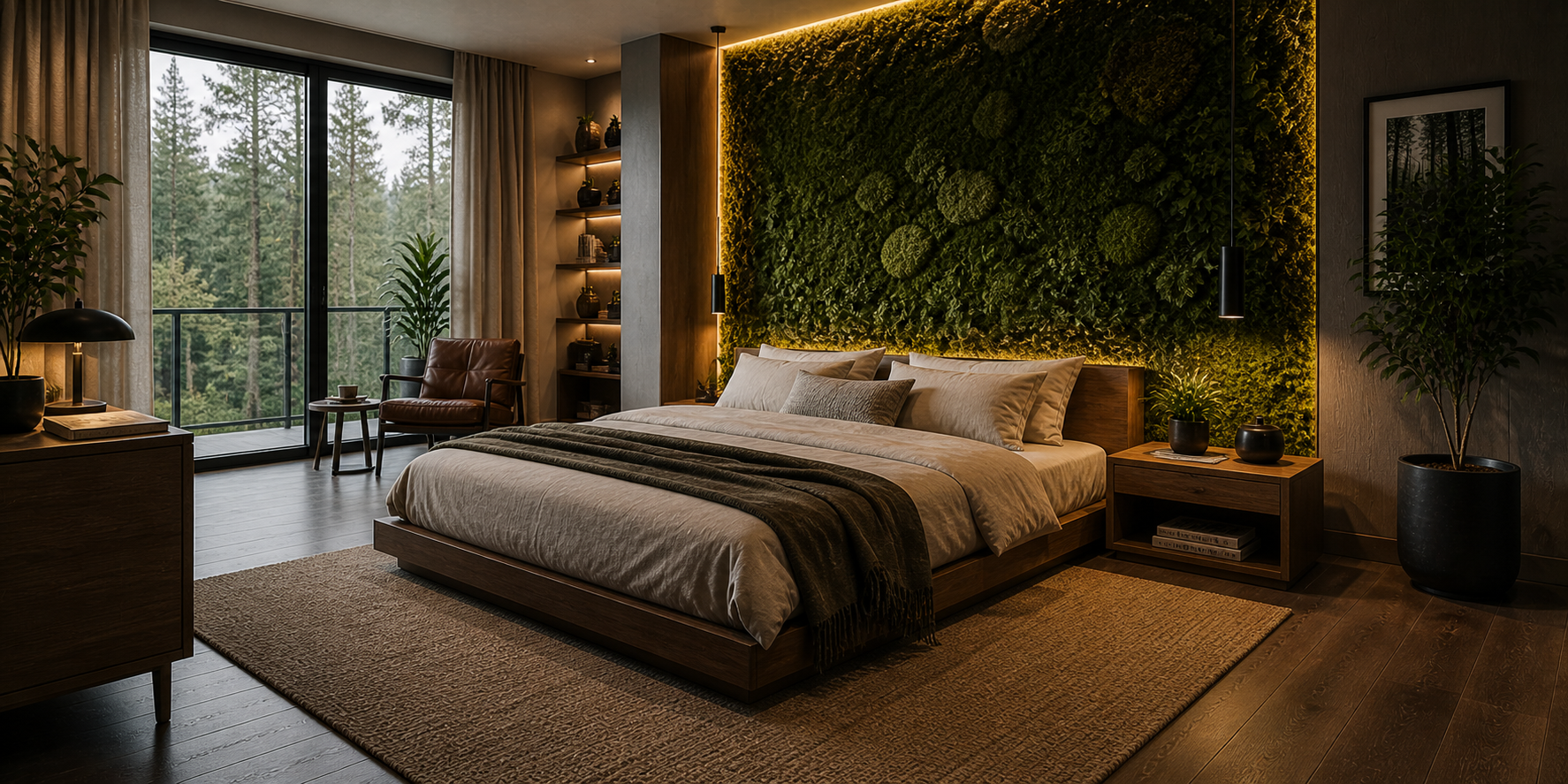 A serene green-themed bedroom filled with plants, soft natural light, and organic textures. The space features green walls, wooden furniture, and linen bedding with neutral accents