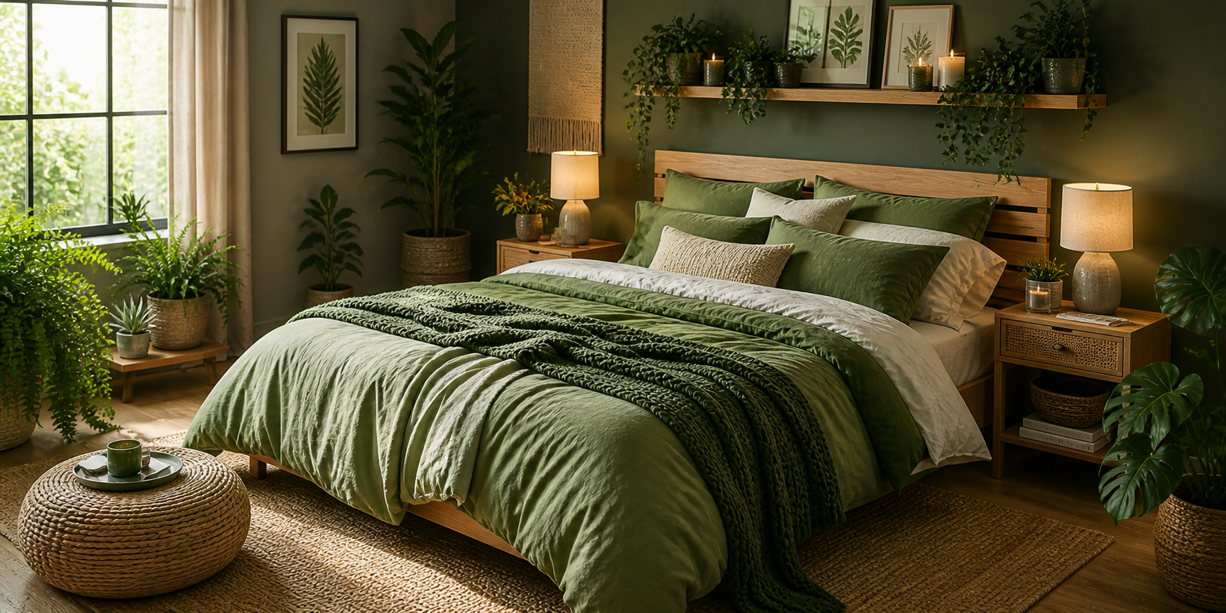 A cozy bed styled with layered green bedding in various shades — soft linen, cotton, and a chunky knit throw, surrounded by plants and natural textures.