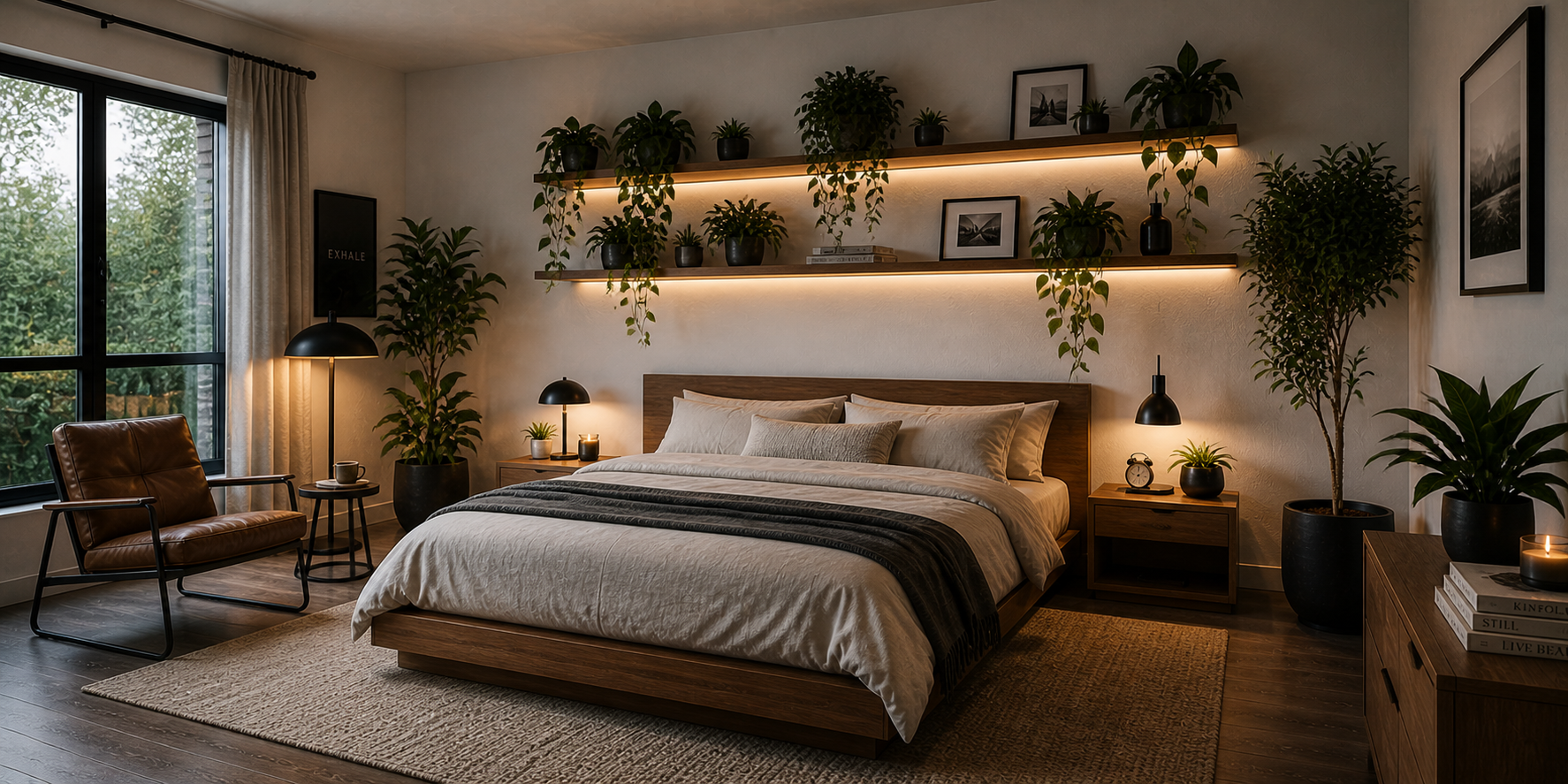 Floating wooden shelves holding potted plants with cascading vines, paired with white walls, neutral bedding, and soft, warm lighting.