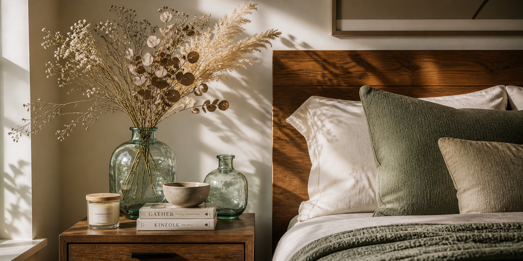 A nightstand styled with recycled glass vases filled with dried botanicals and soft neutral decor under natural sunlight.