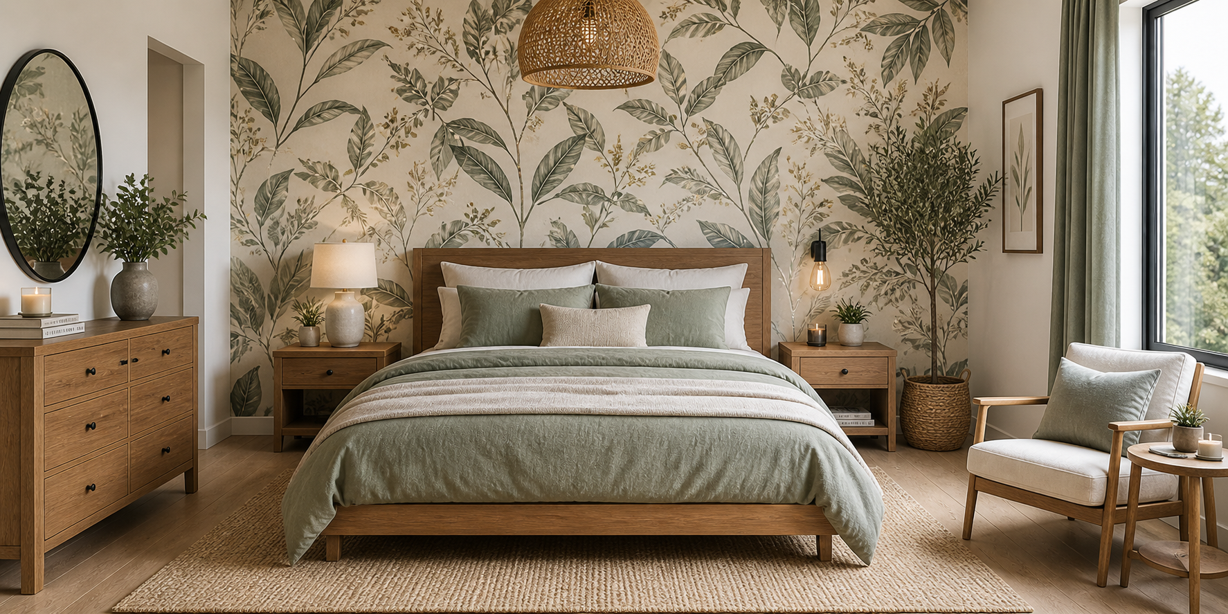 Bedroom with botanical-print wallpaper behind the bed, soft sage bedding, natural wood furniture, and neutral accents.