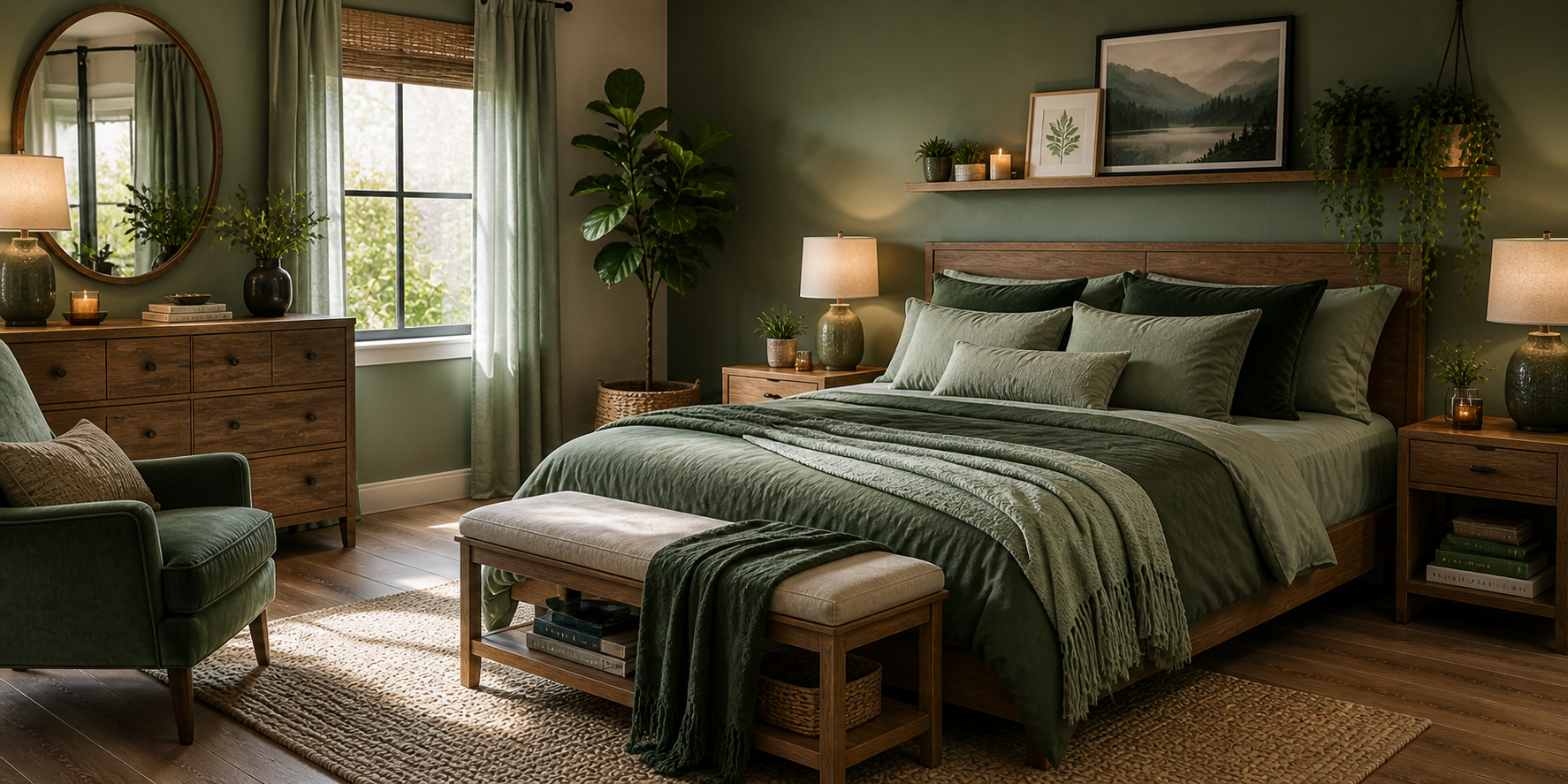 A tonal green bedroom featuring layered hues from mint to forest, styled with wood accents, soft lighting, and mixed textures like linen and velvet.