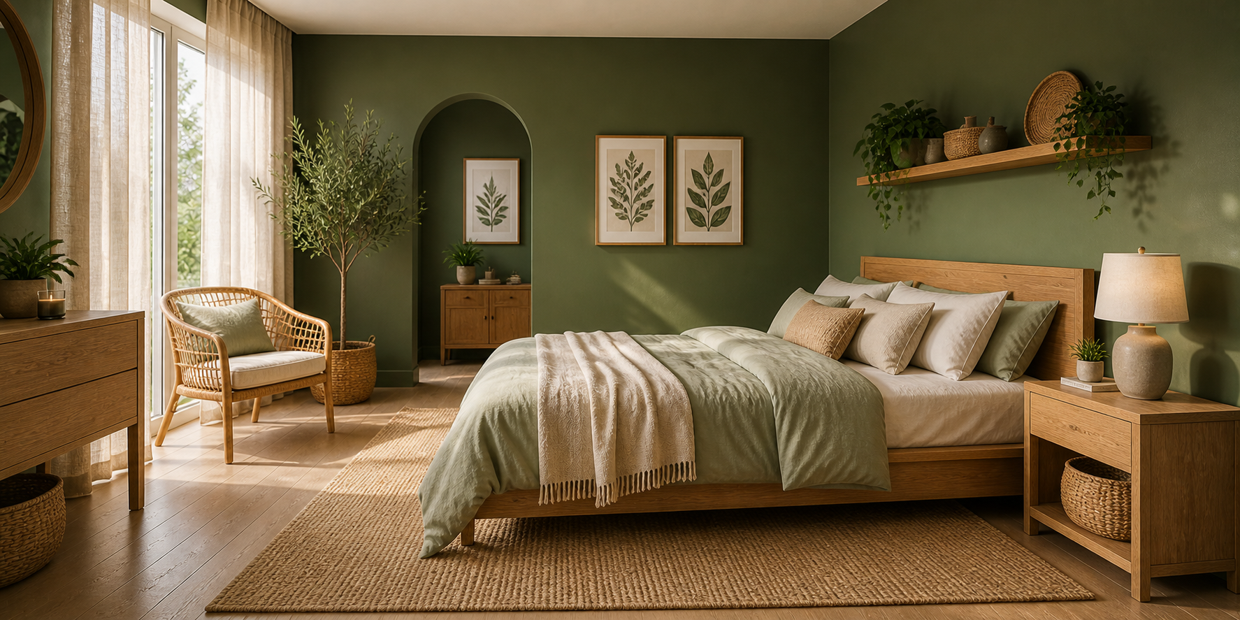 Bedroom featuring green walls and natural wood furniture — oak bed frame, rattan chair, woven baskets, and linen bedding with soft daylight streaming through curtains.