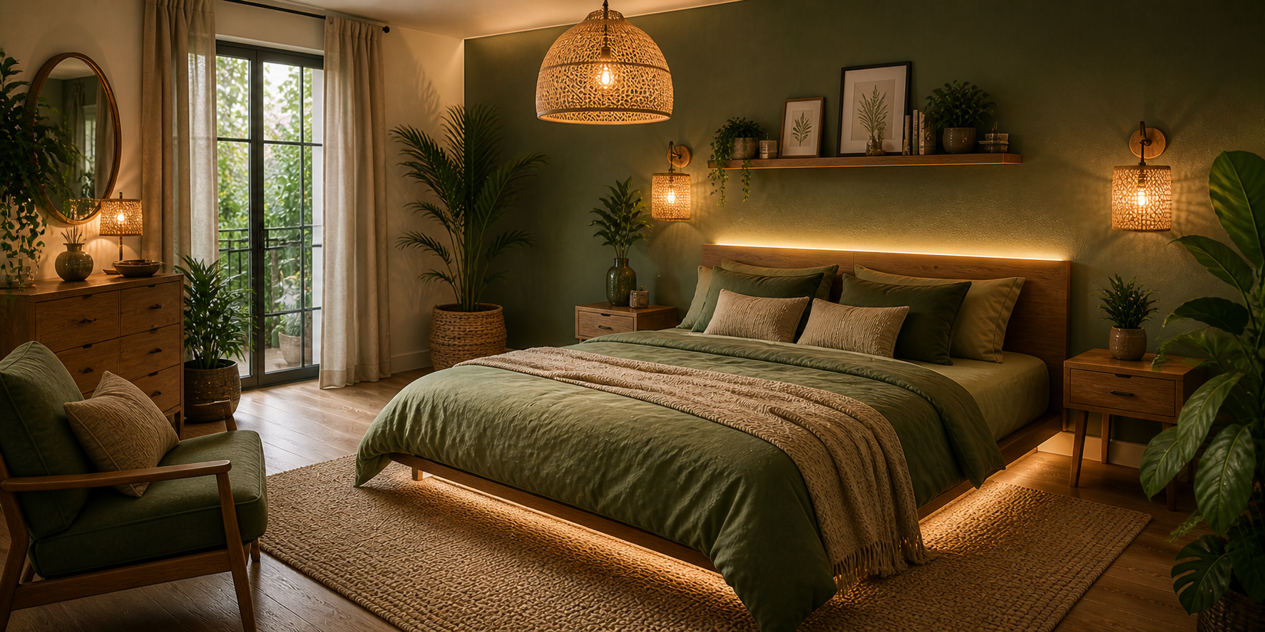 Green bedroom with layered lighting — bamboo pendant lamp, rattan wall sconces, and warm LED accents highlighting plants and wooden textures.