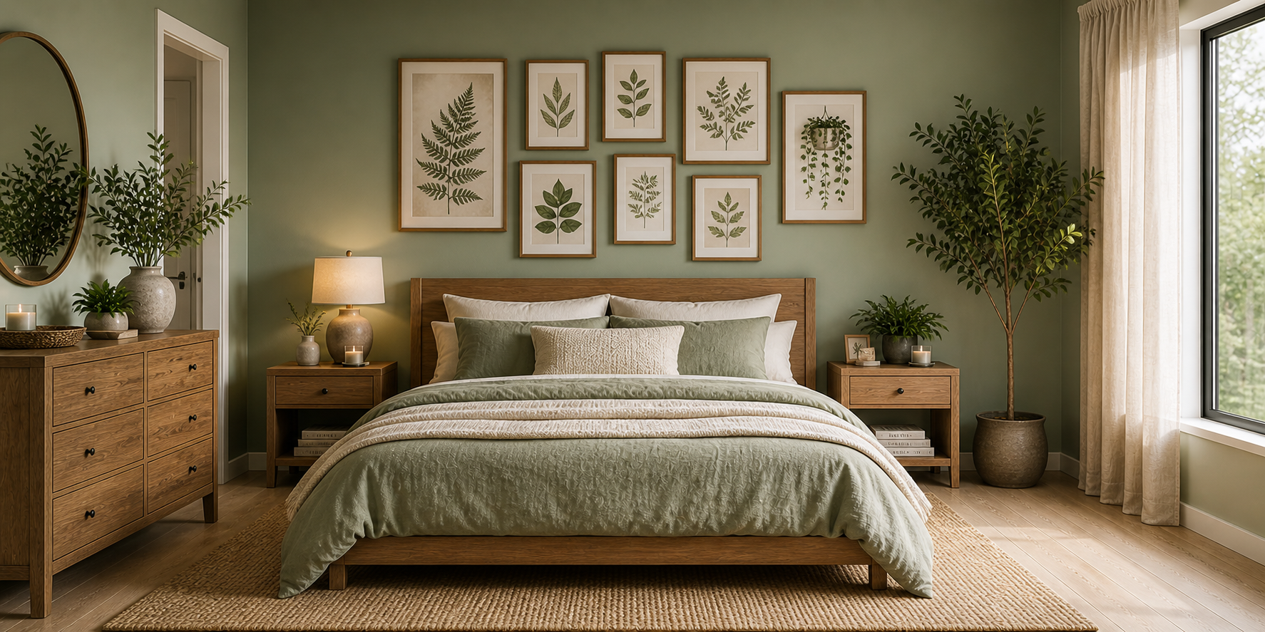 edroom wall featuring a gallery of framed botanical prints above the bed, styled with soft green walls, wood furniture, and linen bedding.