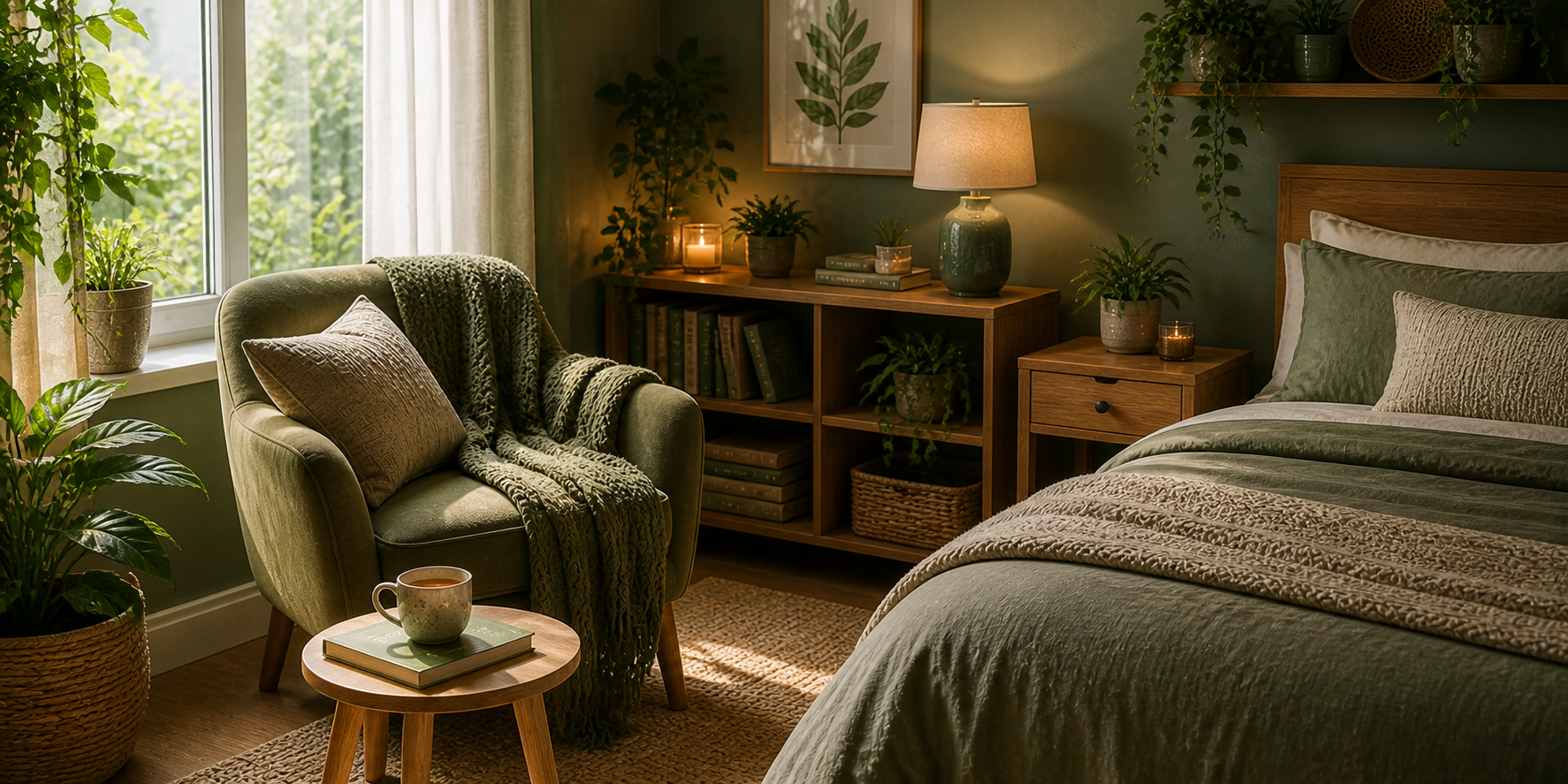 Cozy reading nook in a green bedroom — moss-colored chair, layered plants, soft lighting, and a light wooden side table with a book and mug of tea.