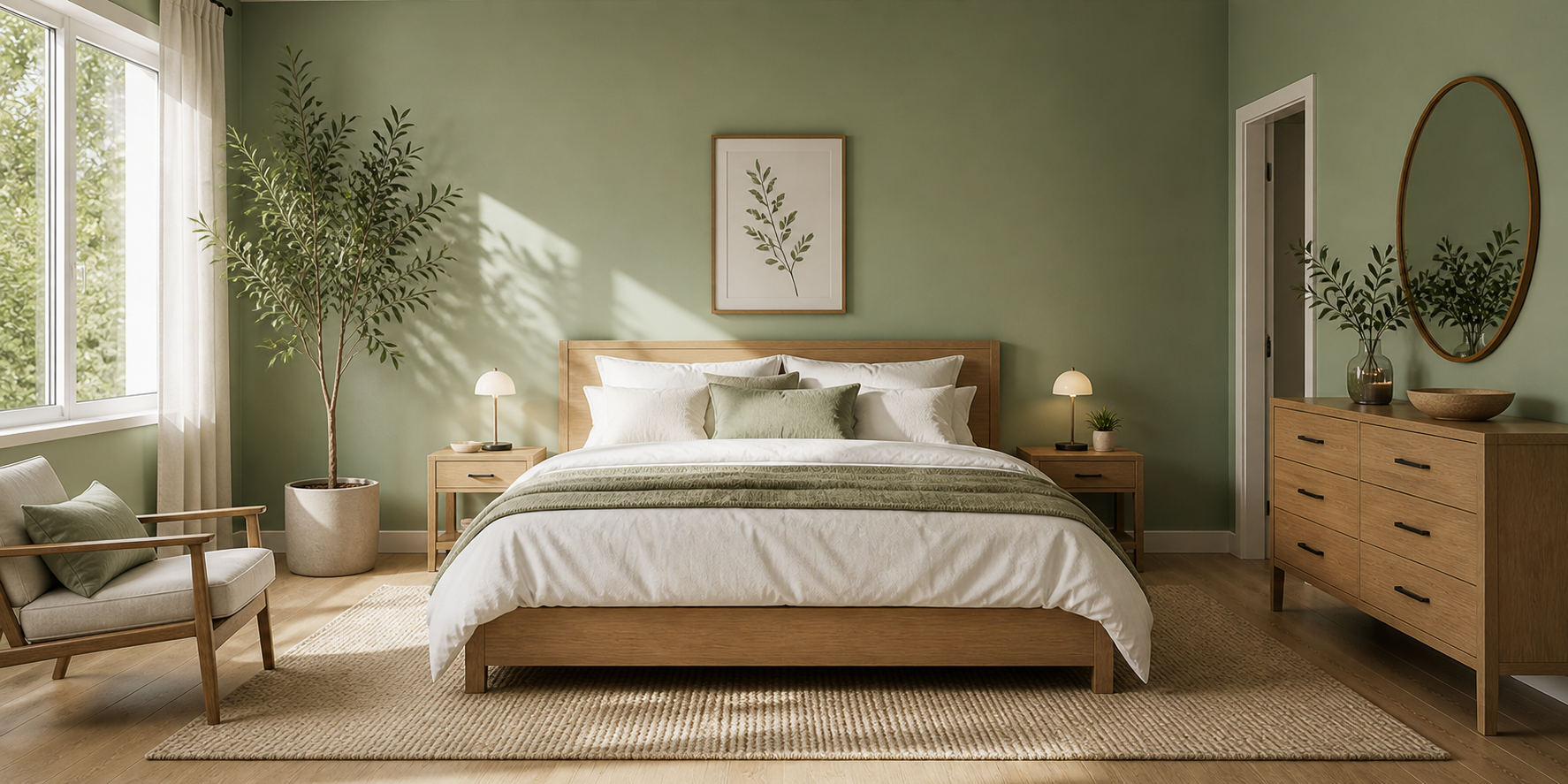 Minimalist green bedroom with clean lines, soft sage walls, one tall plant, white bedding, and warm wood accents bathed in natural light.