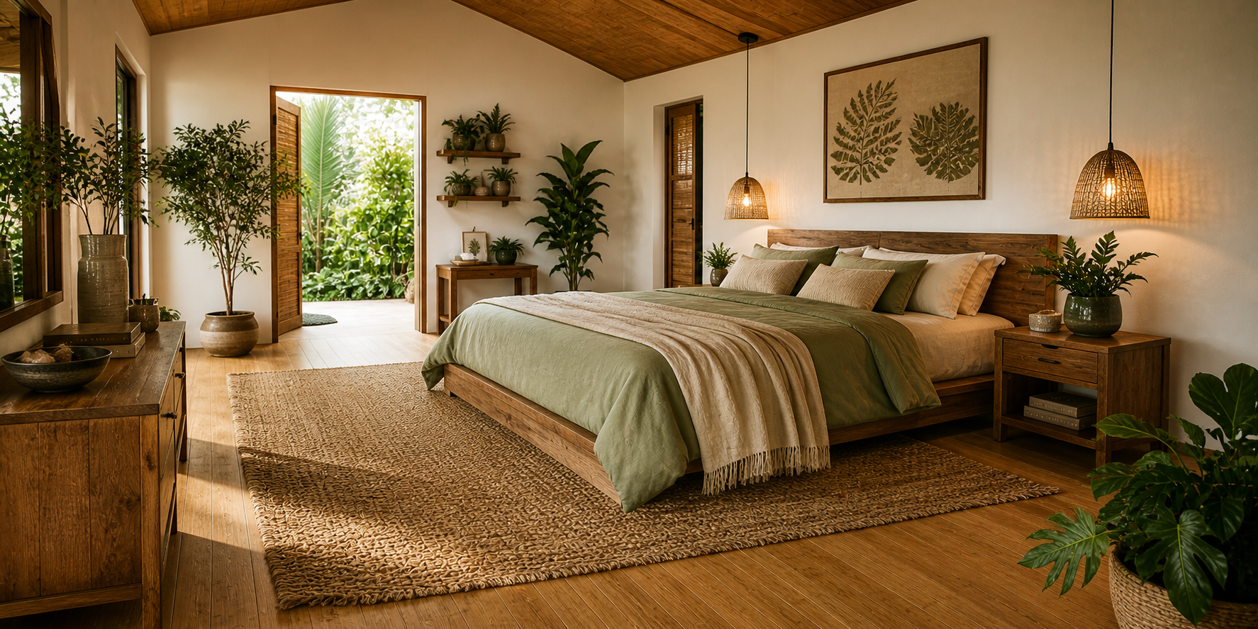 Minimalist green bedroom with clean lines, soft sage walls, one tall plant, white bedding, and warm wood accents bathed in natural light.