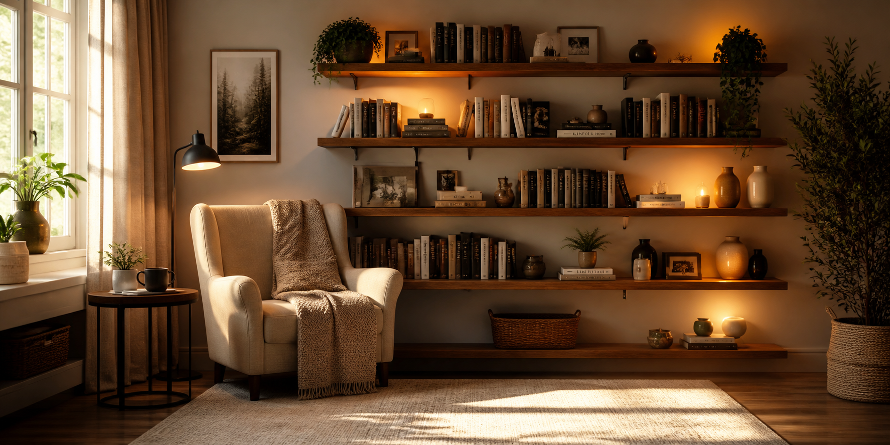 Cozy comic reading nook with armchair, wall-mounted shelves filled with comics, warm lighting, and framed superhero artwork.