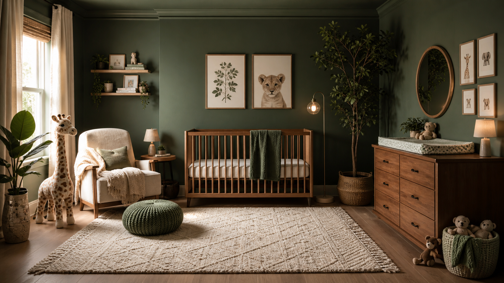 A serene, moody nursery bathed in soft light with deep green walls, warm wood furniture, layered textures, and cozy accents — cinematic yet comforting
