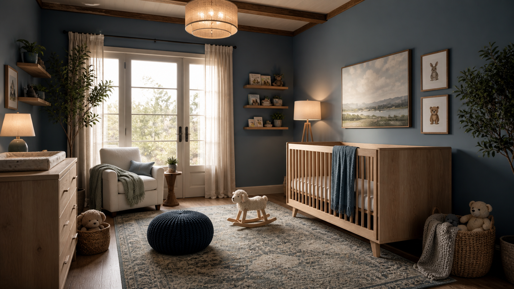 Moody nursery with deep green matte walls, natural wood crib, warm lighting, and cozy layered textiles, and cinematic softness.