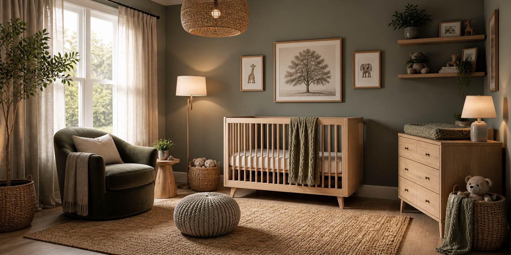 Textural nursery design featuring linen curtains, jute rug, velvet chair, and soft knitted blankets in earthy tones.
