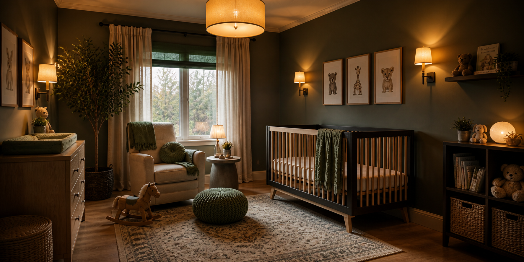 Warmly lit moody nursery featuring wall sconces, dimmable pendant lighting, and a soft amber glow reflecting off deep walls.