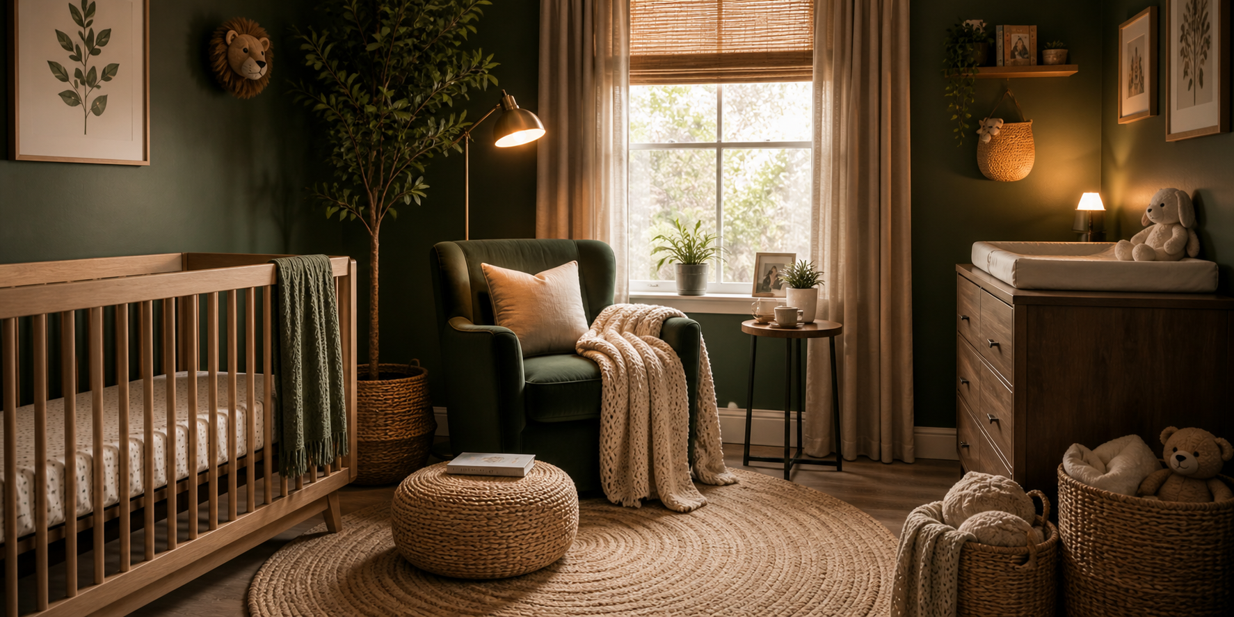 Cozy nursery nook with velvet armchair, soft throw, reading lamp, and woven baskets beside a window in moody lighting.