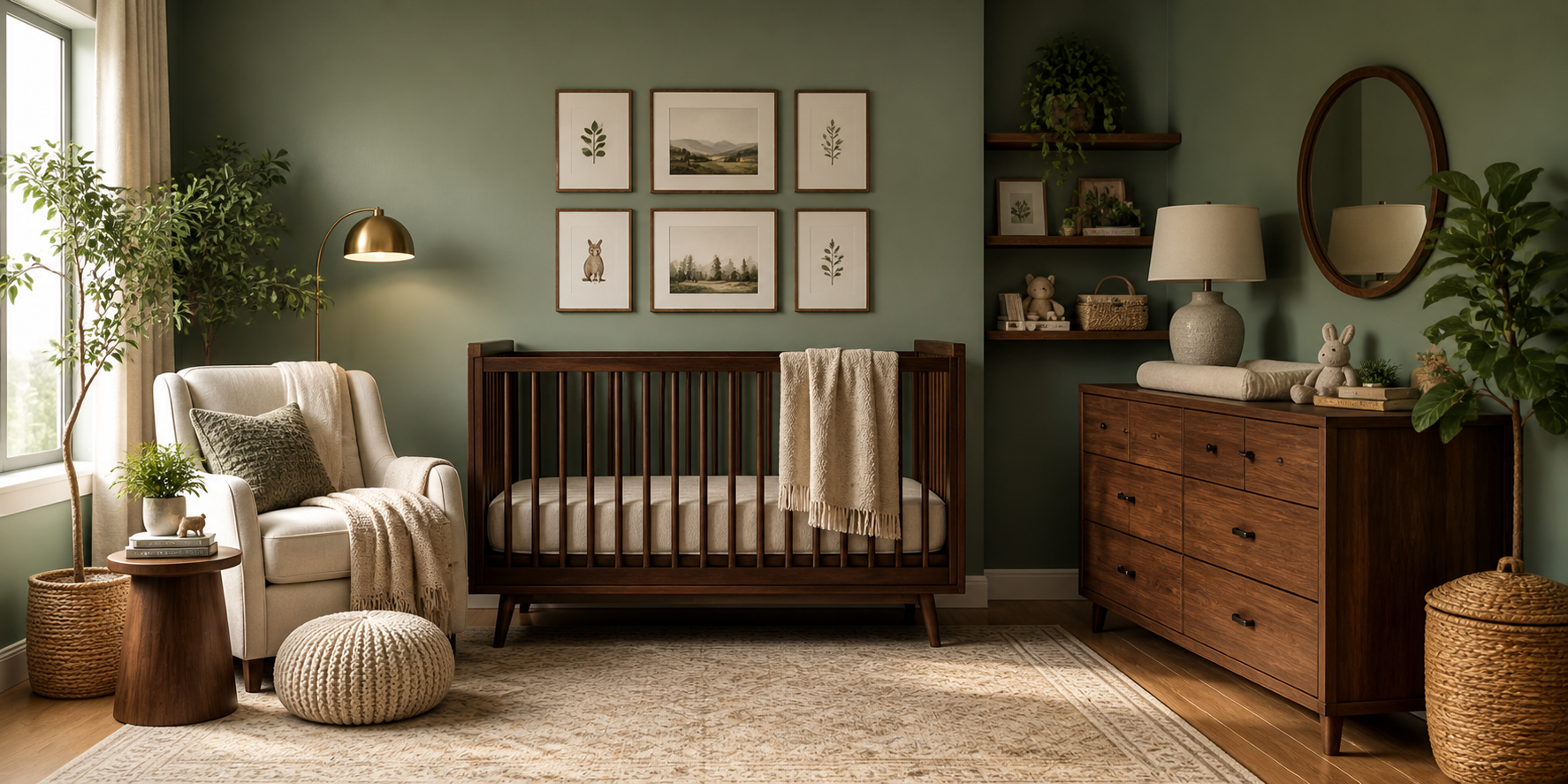Moody nursery with dark walnut crib, matte wood dresser, and beige textiles against deep green walls.