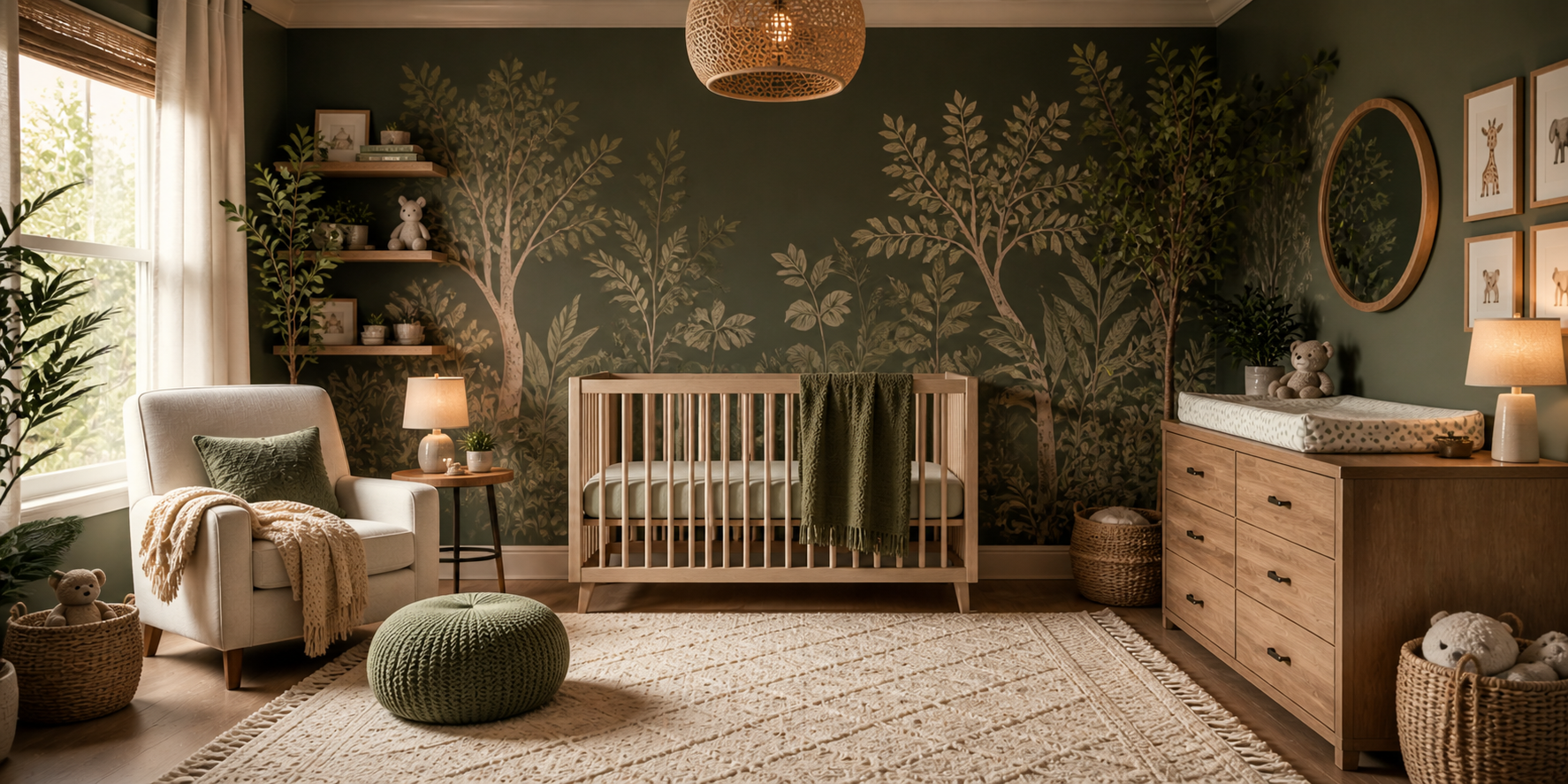 Moody nursery accent wall with botanical mural in dark green and beige, crib centered beneath with warm lighting.