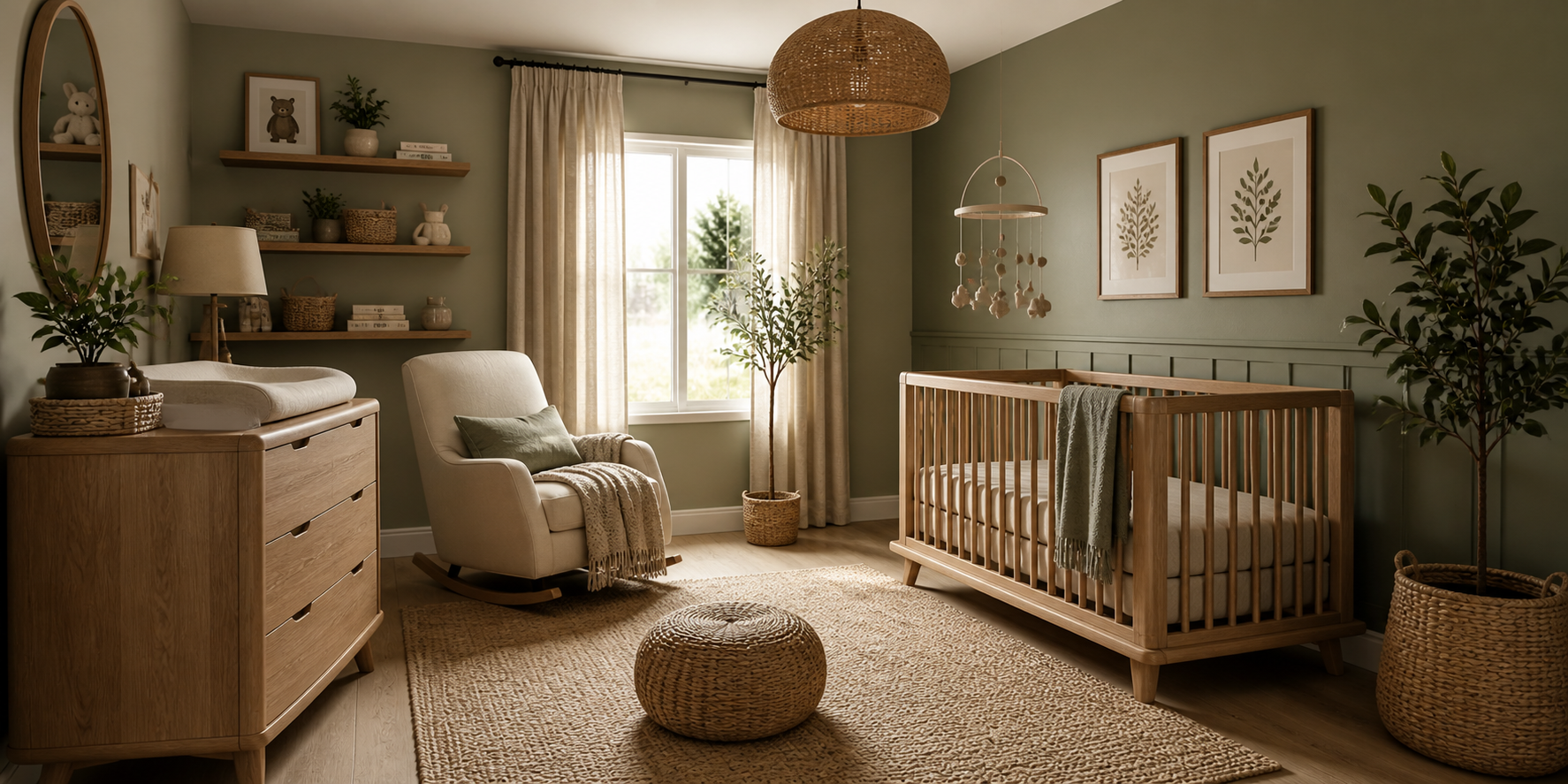 Moody nursery in soft sage and taupe with light wood furniture, woven accents, and a natural fiber rug.