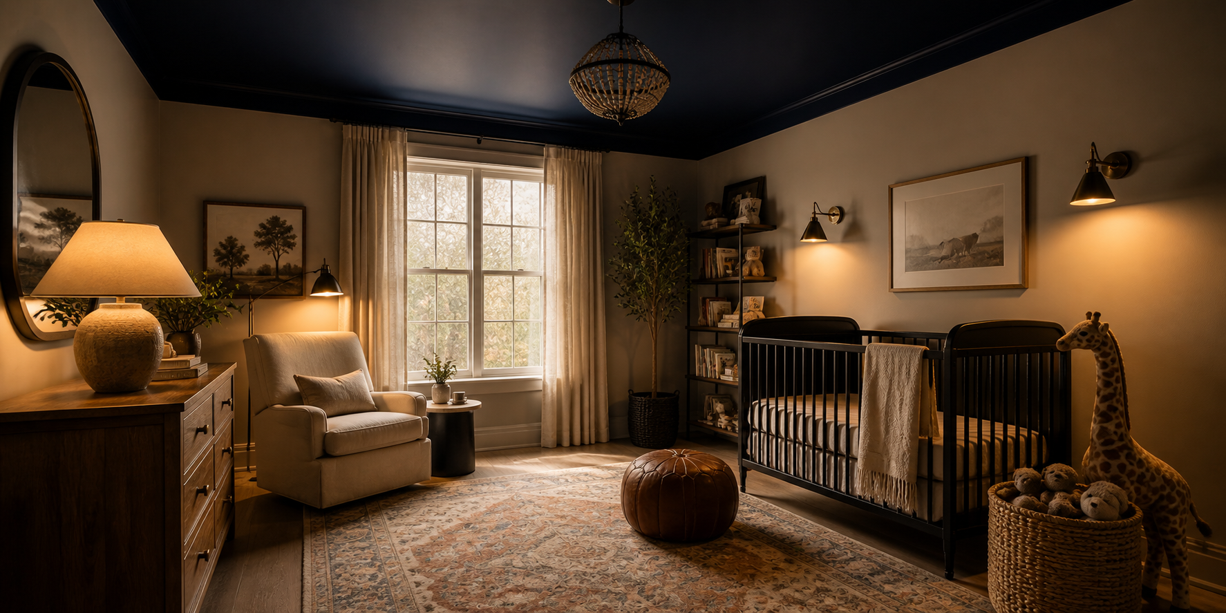 Moody nursery with painted navy ceiling, warm light accents, and soft neutral walls creating a cozy, cocoon-like feel.