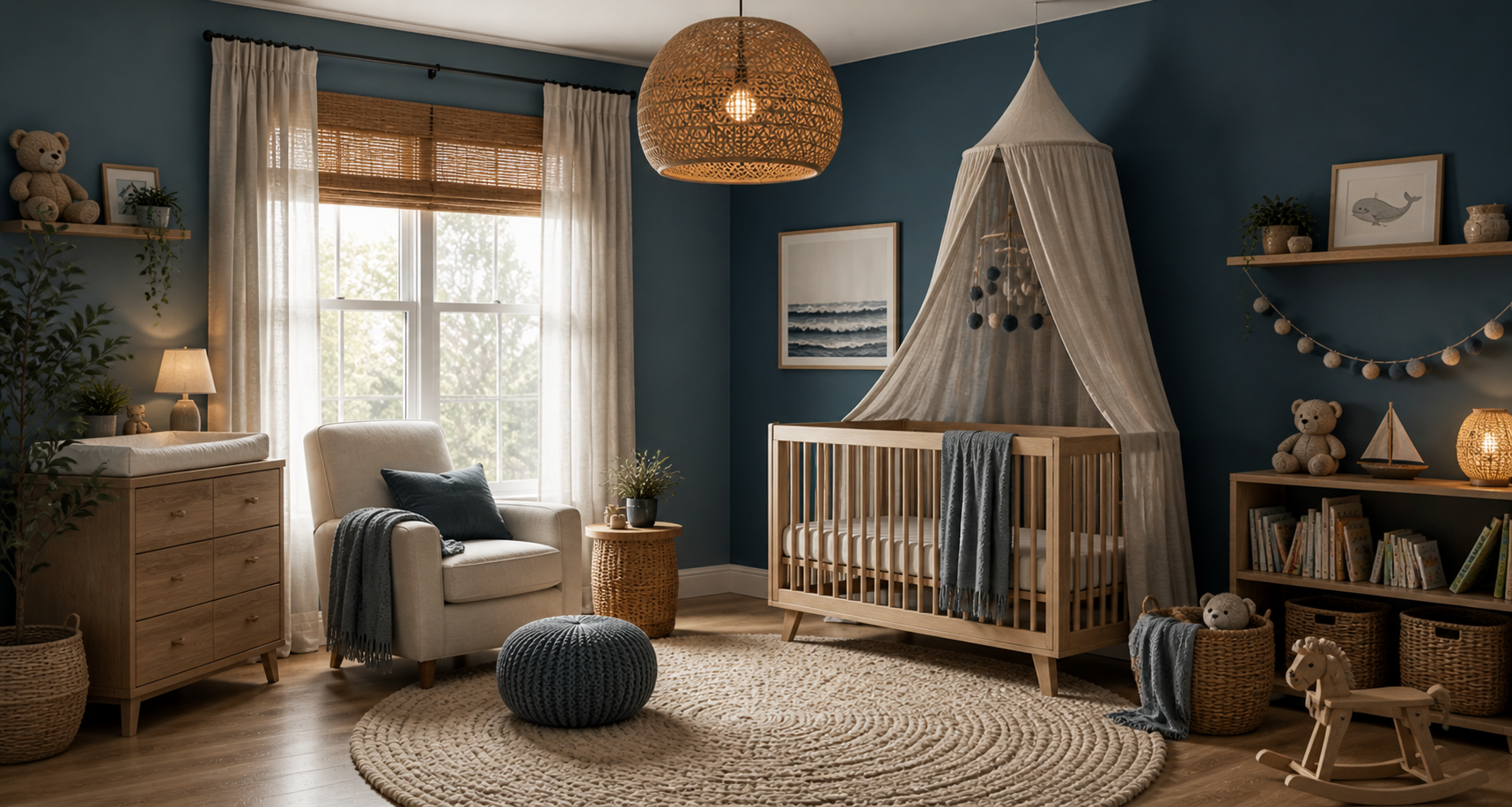 Moody nursery featuring rattan pendant light, linen canopy, wool rug, and wooden furniture in muted tones.