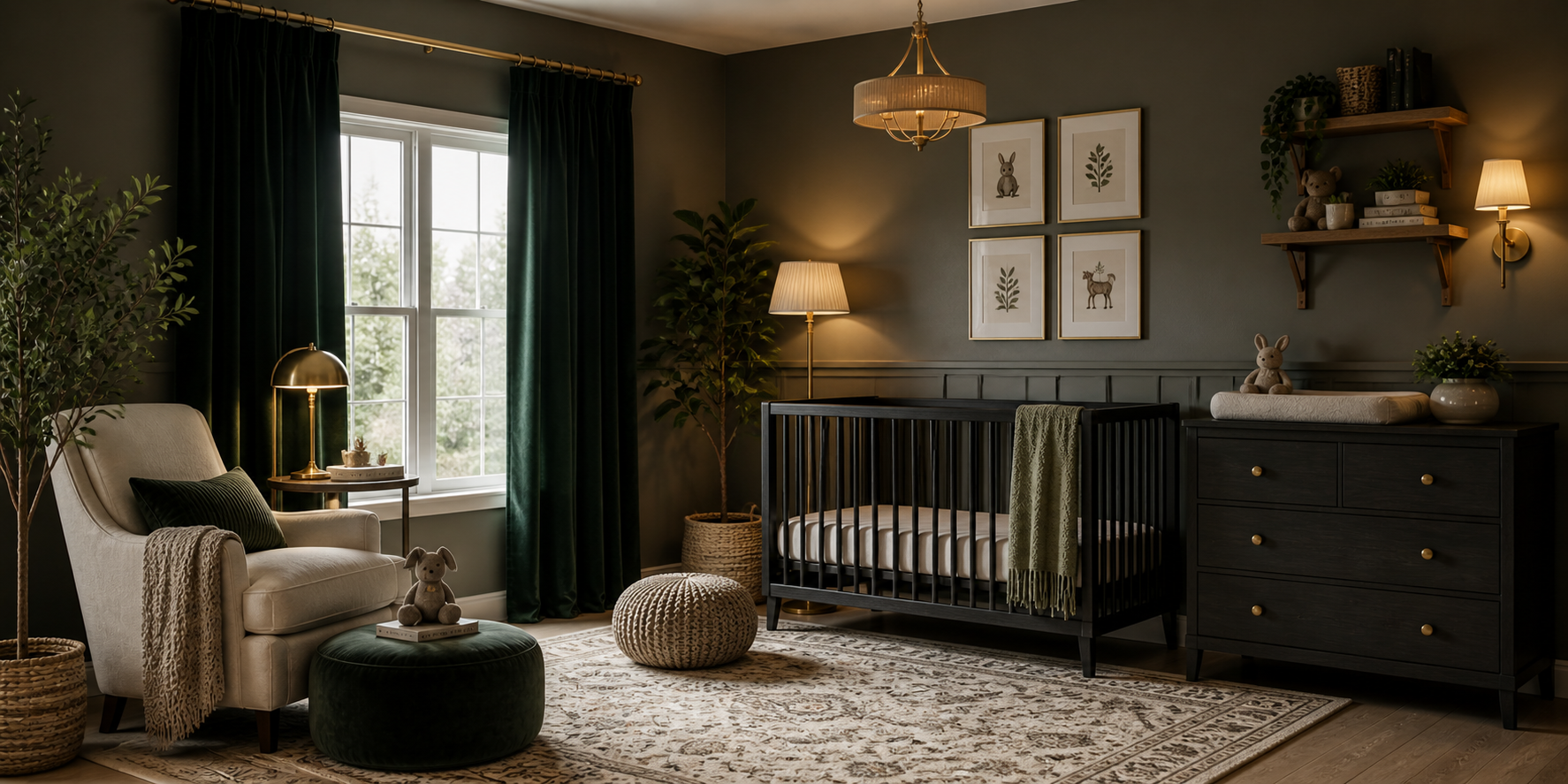 Moody nursery with deep green velvet curtains, brass rod, matte walls, and soft ambient lighting creating dramatic warmth.