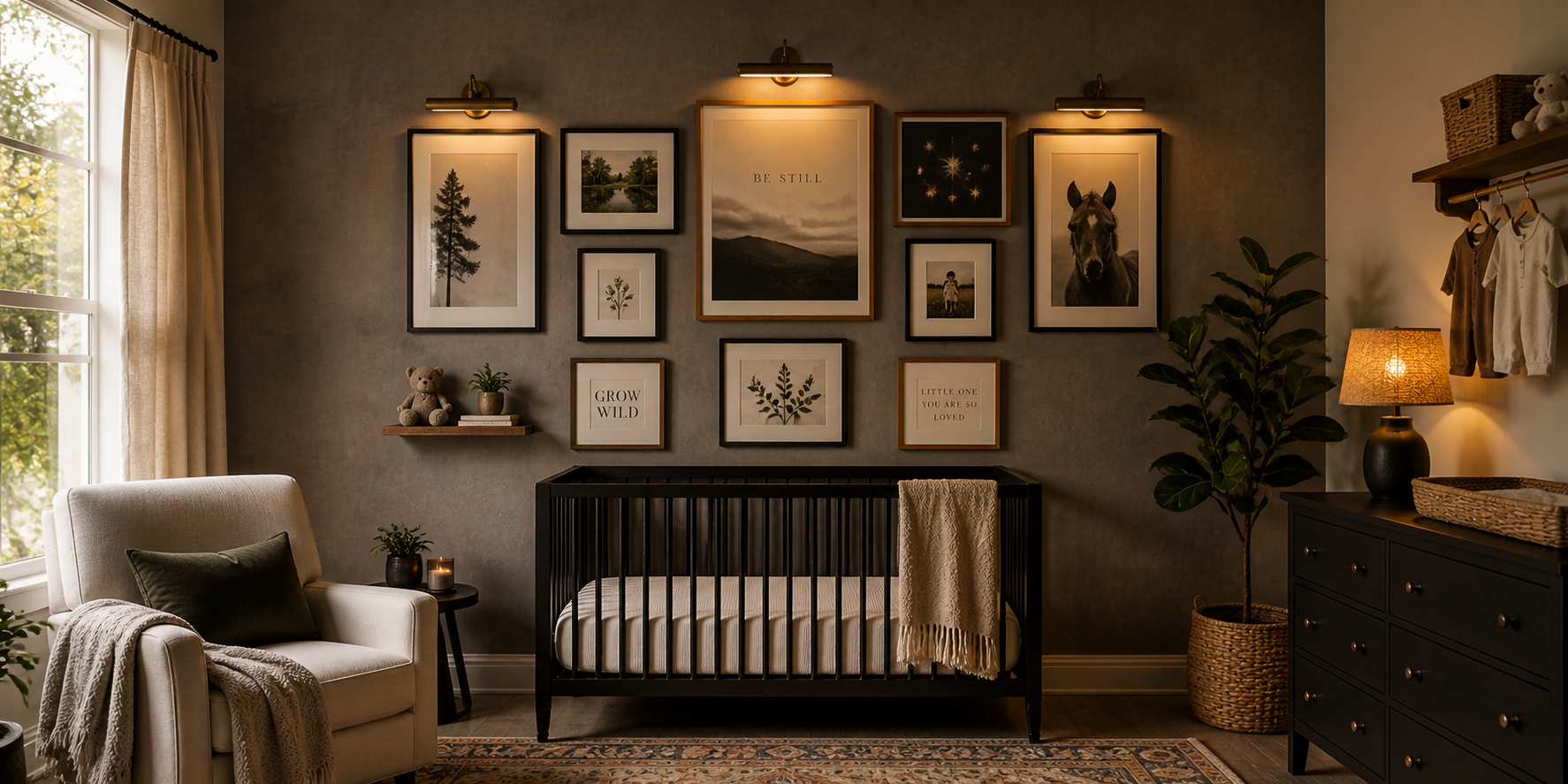 Moody nursery gallery wall with black and wood frames, minimalist art prints, warm picture lighting, and textured wall backdrop.