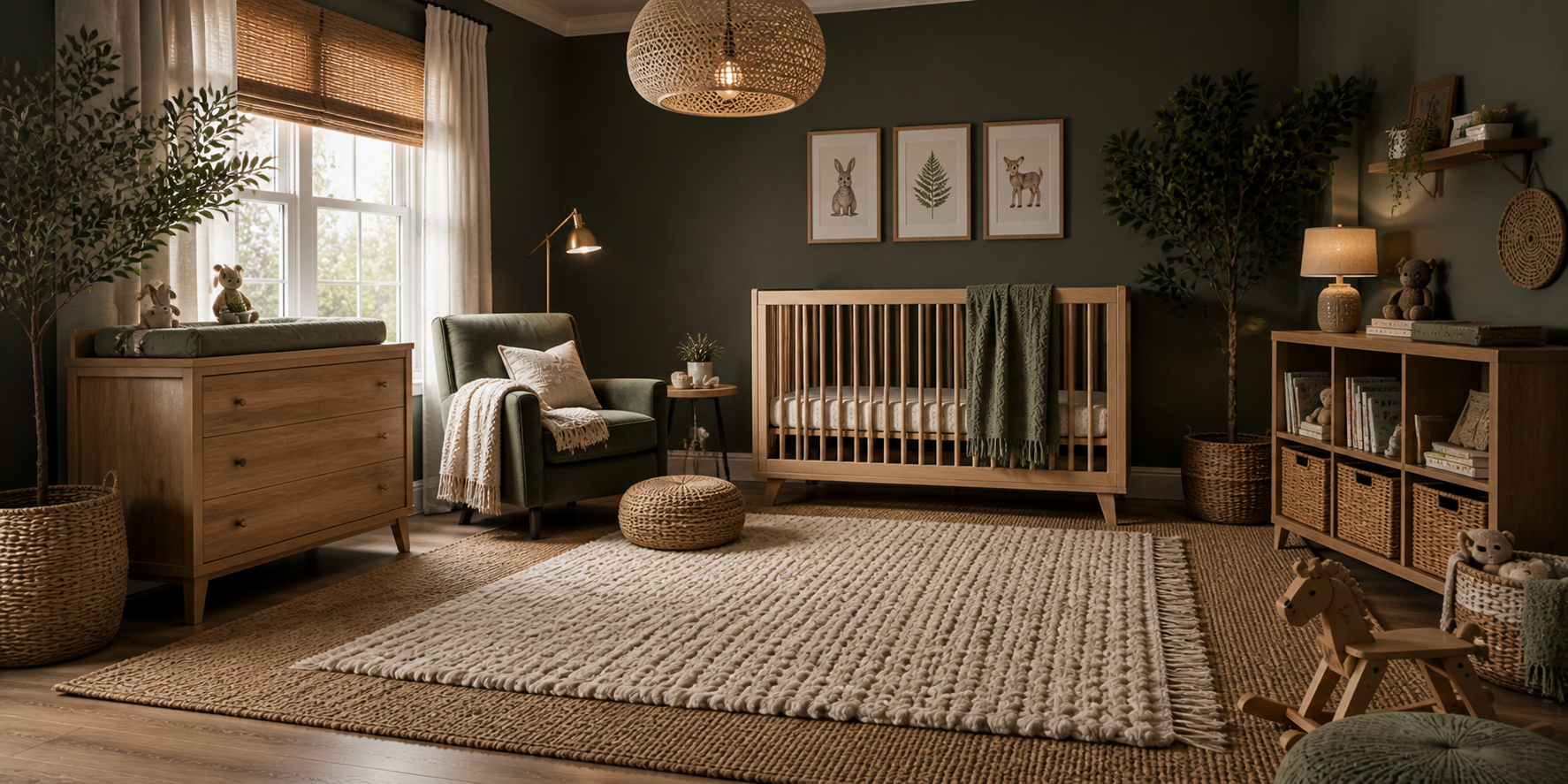 Layered rugs in a moody nursery — neutral base rug with textured wool accent rug near crib, warm lighting, and earthy tones.