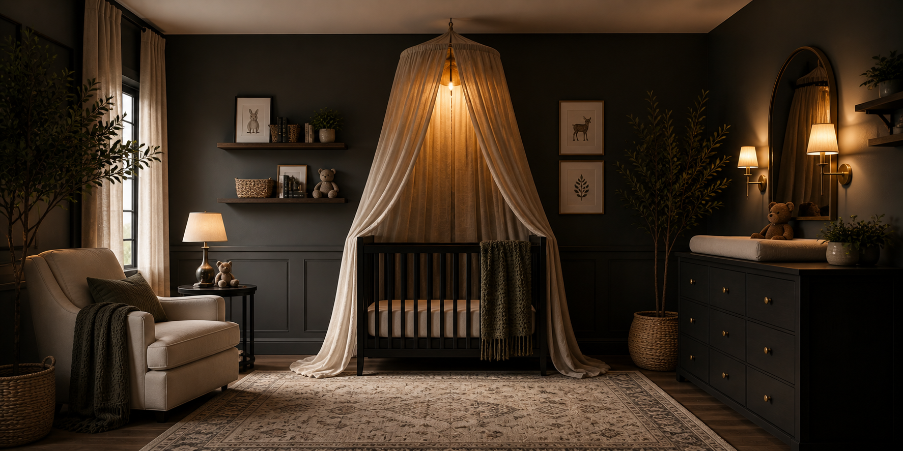 Moody nursery featuring a linen canopy over a crib, soft folds illuminated by warm light, surrounded by dark-toned decor.