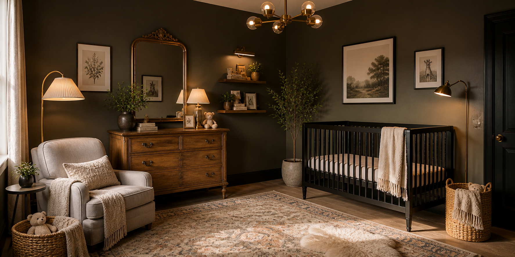 Modern moody nursery with antique wood dresser, brass mirror, modern crib, and soft warm lighting blending vintage and contemporary styles.