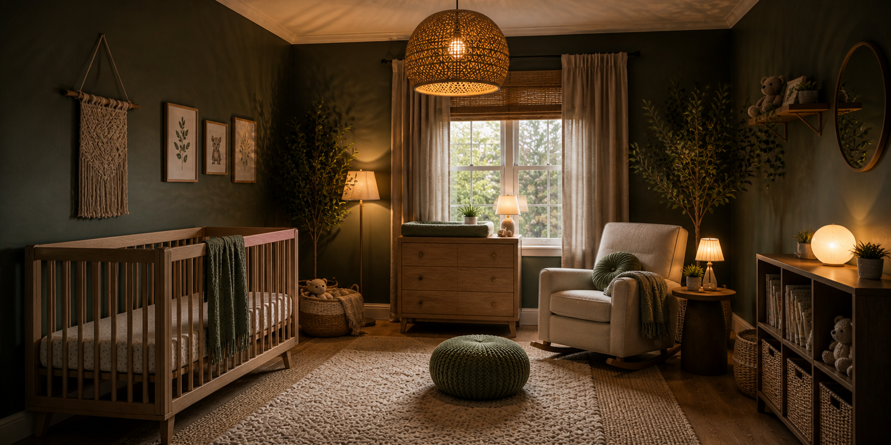 Moody nursery with statement pendant light, deep-toned walls, and soft amber glow reflecting across matte textures.