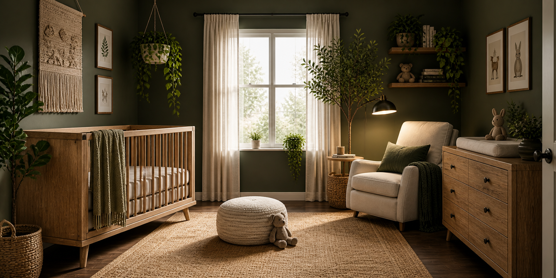 Moody nursery with hanging plants, dark green walls, a wooden crib, and soft natural light illuminating lush greenery.