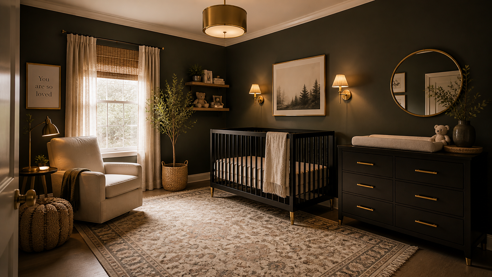 Moody nursery featuring brass accents on furniture and lighting, warm light reflecting gently off deep matte walls.