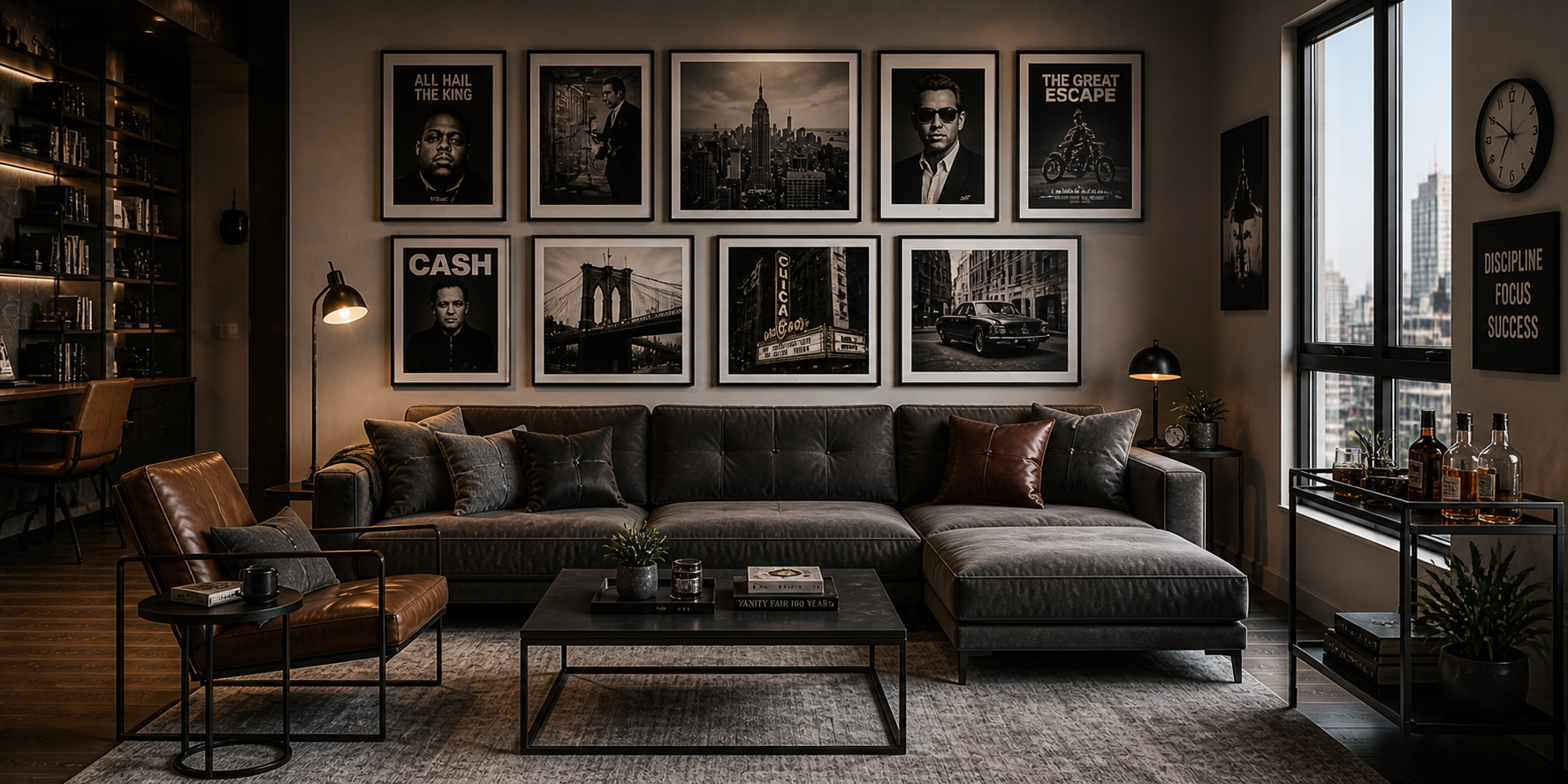 Bachelor apartment wall with framed black-and-white photos, minimalist art, and vintage posters arranged in clean symmetry.