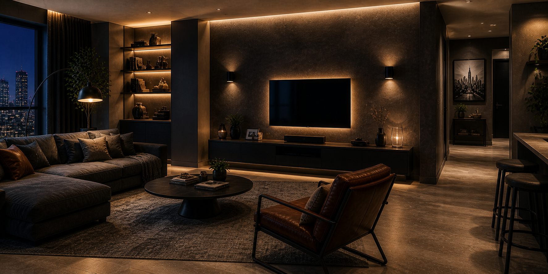 Modern bachelor living room with layered lighting — wall sconces, floor lamp, and LED backlights against dark textured walls.