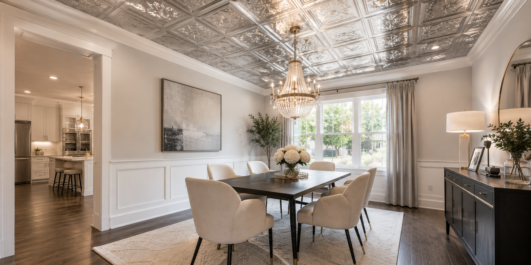 Chic dining room with silver faux-tin ceiling panels, crystal chandelier, and modern furniture blending classic and contemporary styles.
