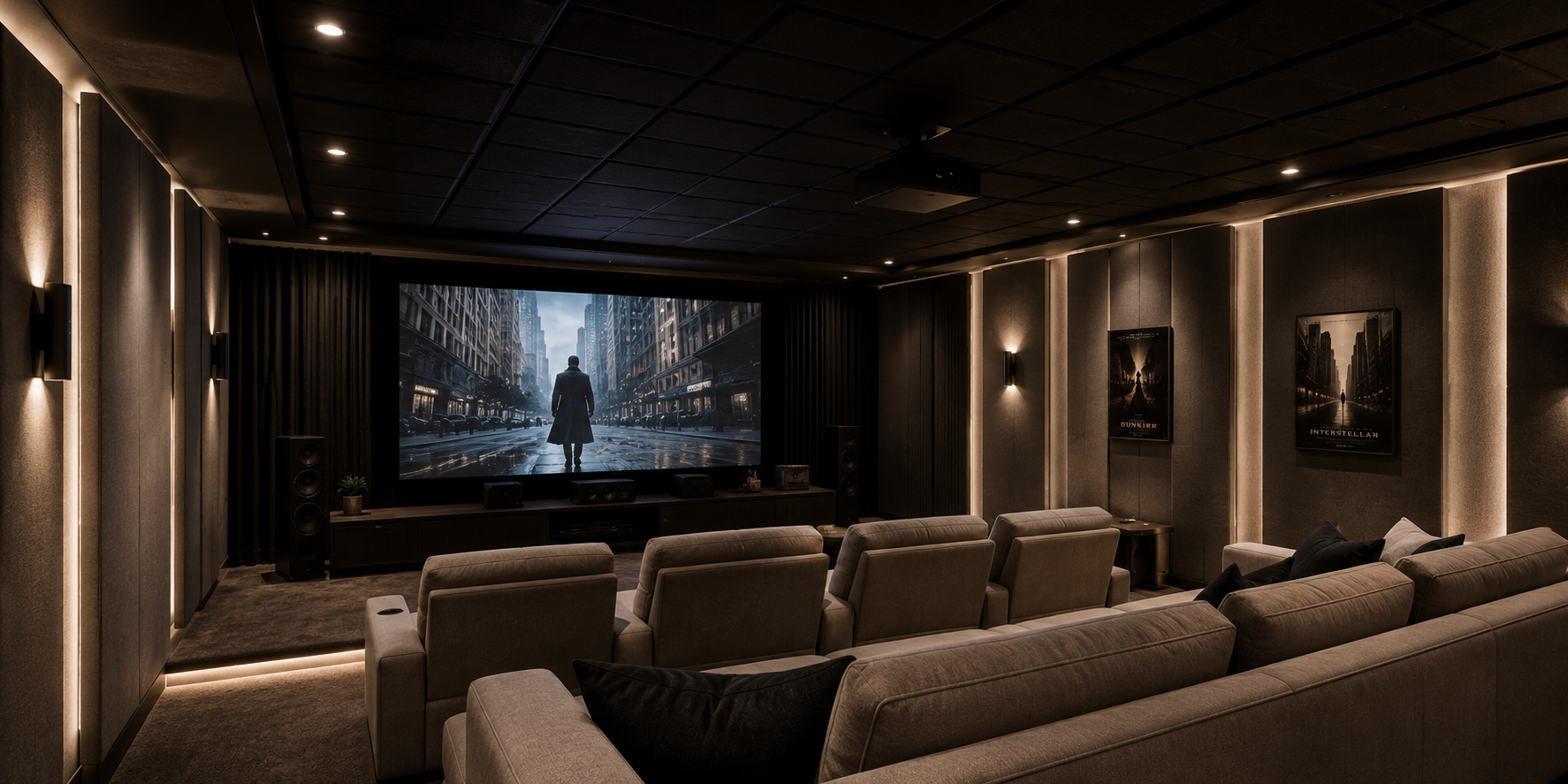 Home theater with black acoustic ceiling panels, recessed lighting, and soft wall textures for immersive sound and a refined modern look.