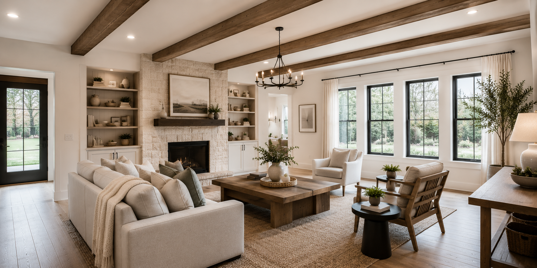 Modern living room with faux wooden ceiling beams over smooth white ceiling, natural light, and minimalist furnishings for timeless appeal.