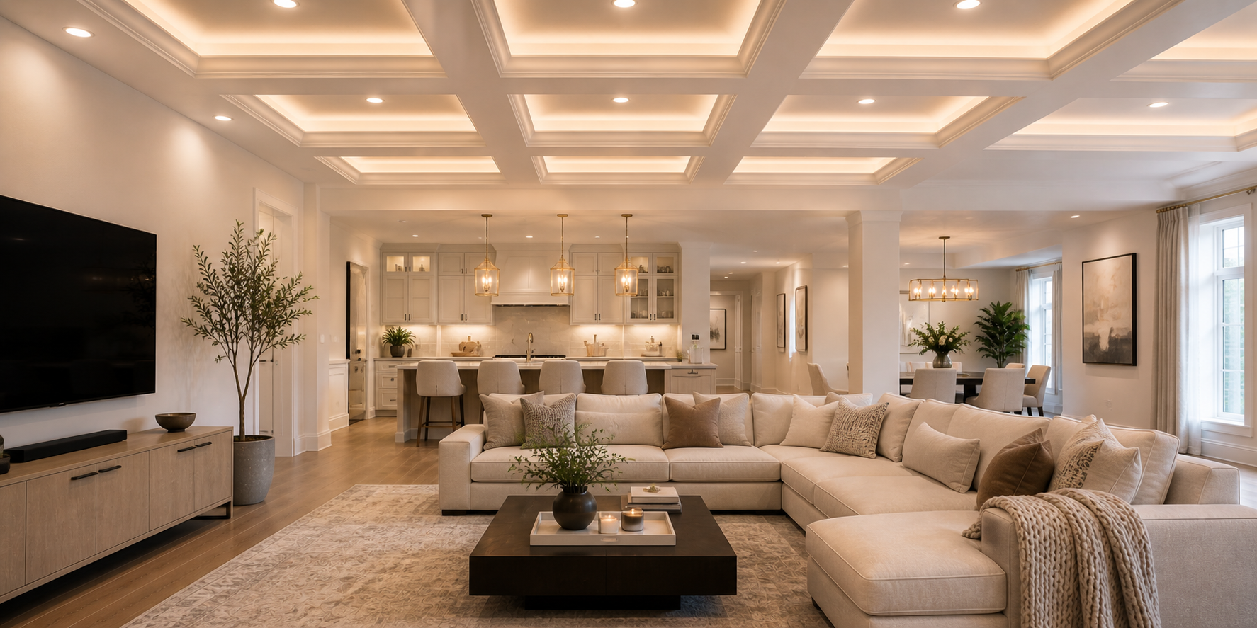 Contemporary living space featuring illuminated coffered ceiling panels, soft, warm lighting, and neutral furniture for a serene and elegant look.