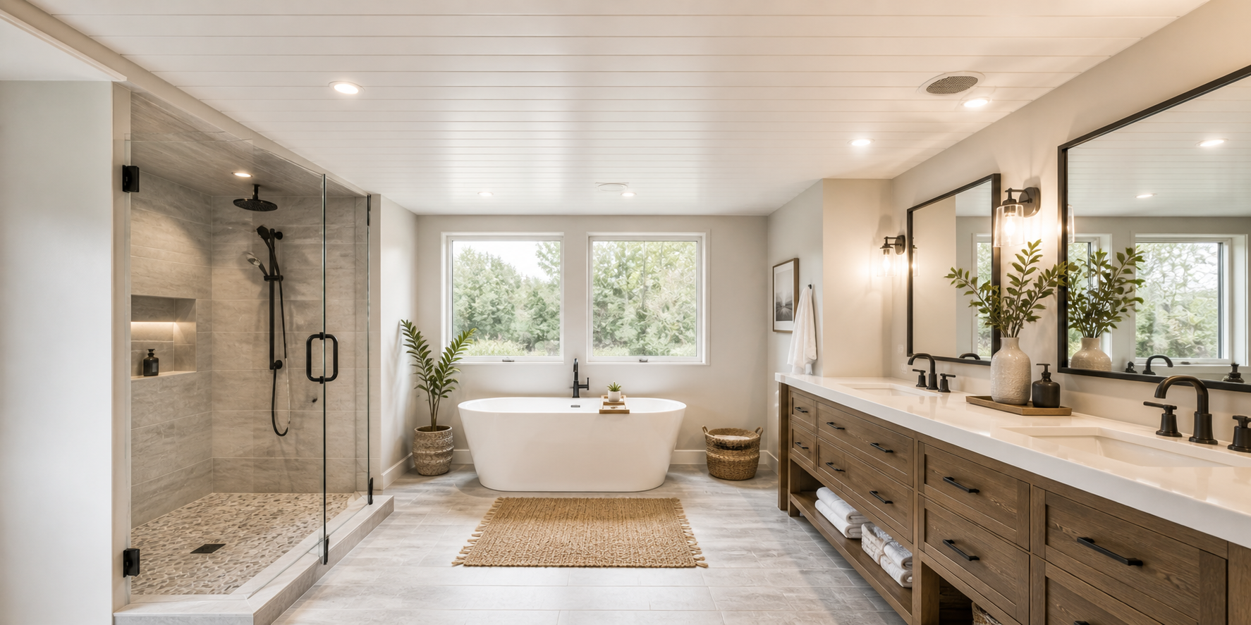 Modern bathroom with matte white PVC ceiling planks, recessed lighting, and sleek fixtures for a bright, moisture-resistant finish.