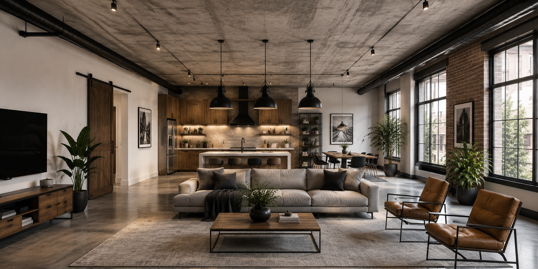 Industrial-style loft with faux concrete ceiling, black pendant lights, and simple modern furnishings creating a raw yet refined atmosphere.