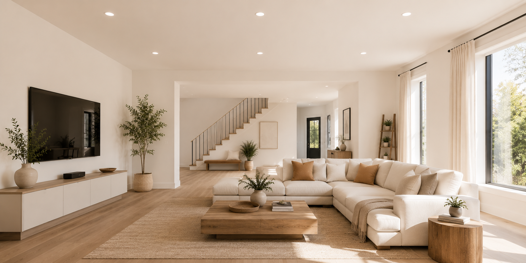 Bright minimalist living room with smooth white skim-coated ceiling, warm light, and simple neutral furnishings.