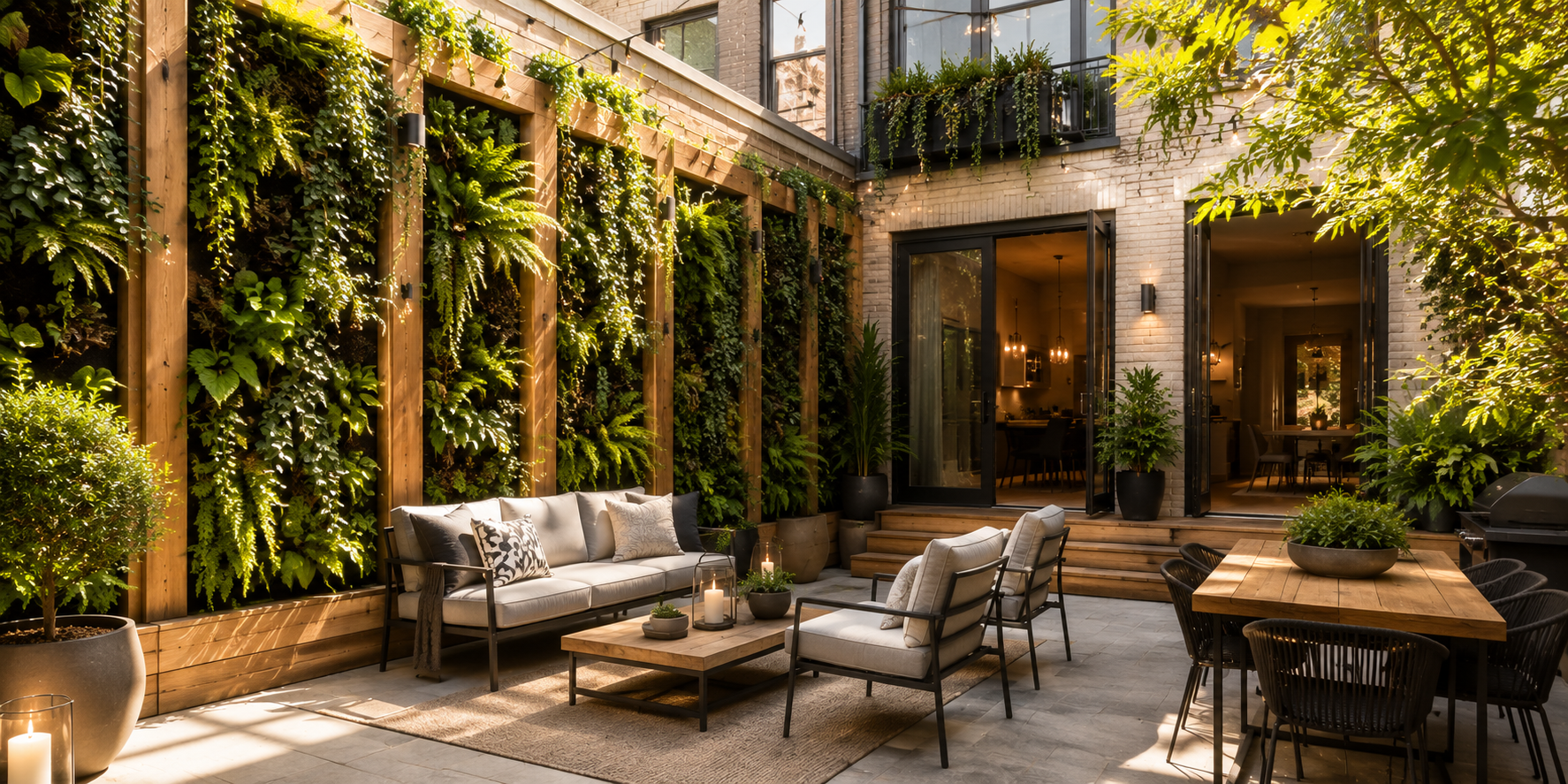 A duplex patio with a tall vertical garden wall of ferns and trailing ivy framed in natural wood, warm sunlight, and cozy seating