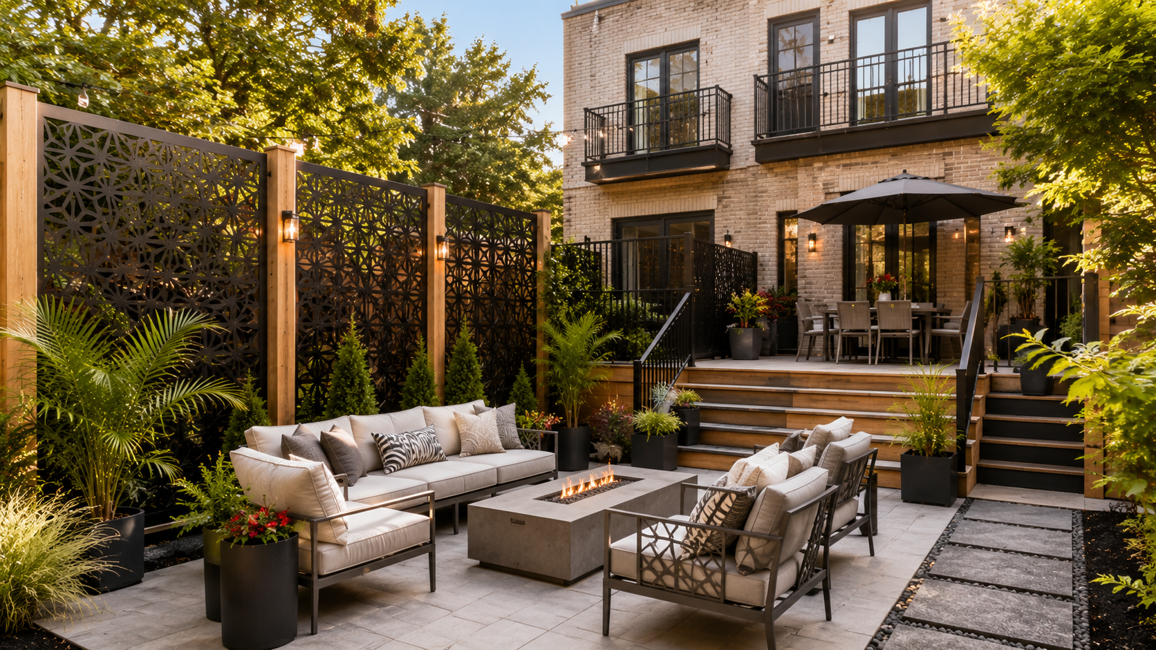 A duplex backyard with layered rows of evergreens, flowering shrubs, and textured groundcover forming a lush privacy barrier