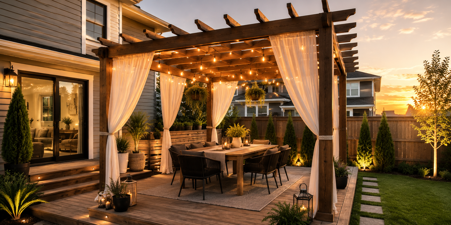 A wooden pergola with flowing white curtains, string lights, and a small dining setup in a duplex backyard at golden hour