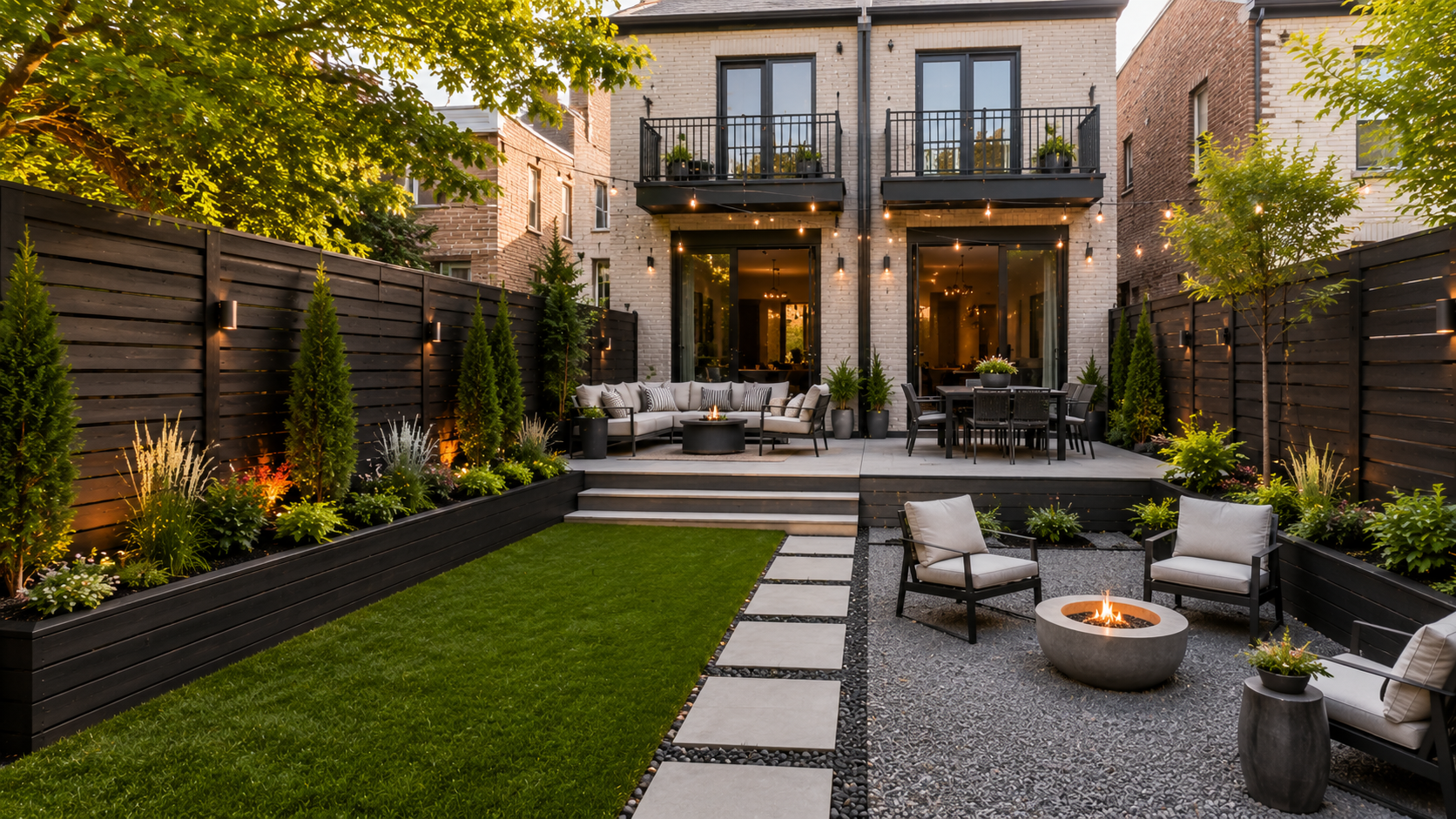 A modern duplex backyard with dark wood horizontal slat fencing, built-in planter boxes, and minimalist patio furniture