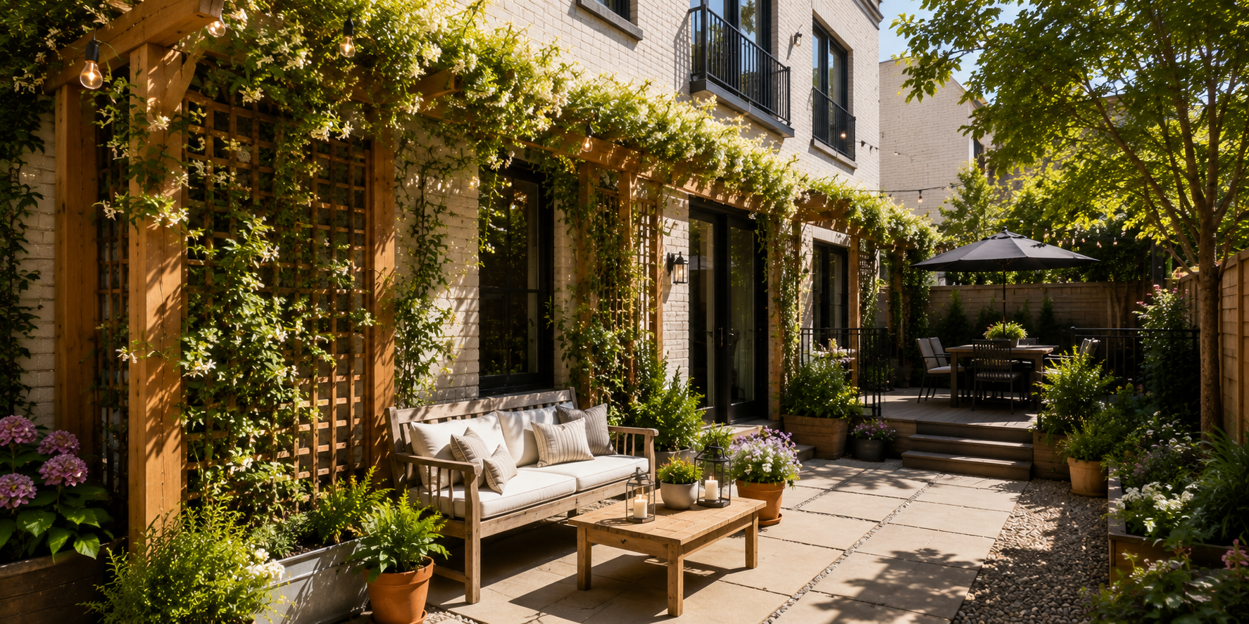 A wooden trellis covered in blooming jasmine and lush vines against a duplex wall, paired with rustic seating.
