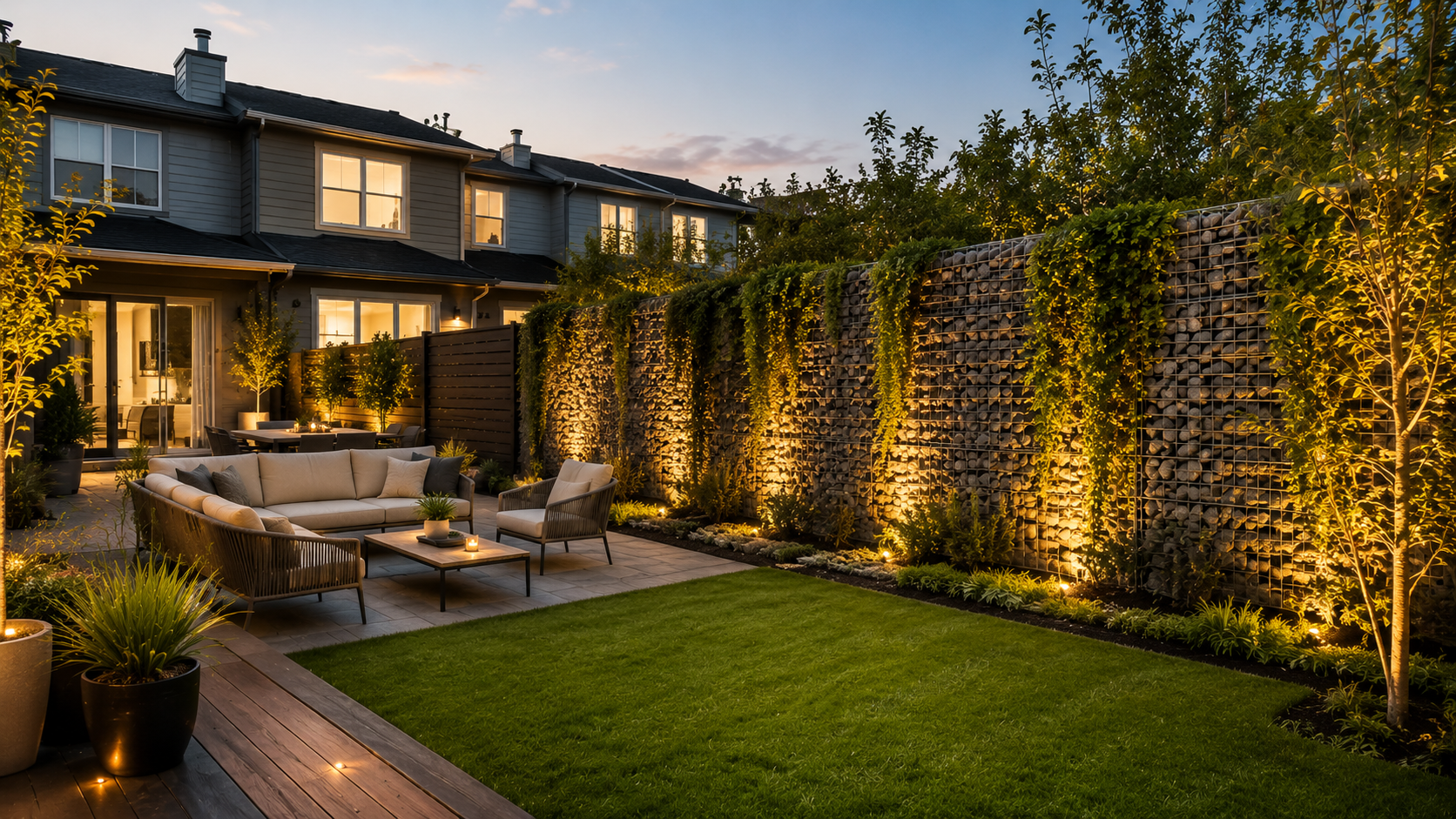 A duplex backyard featuring a gabion stone wall softened by trailing plants and accent lighting for evening ambiance