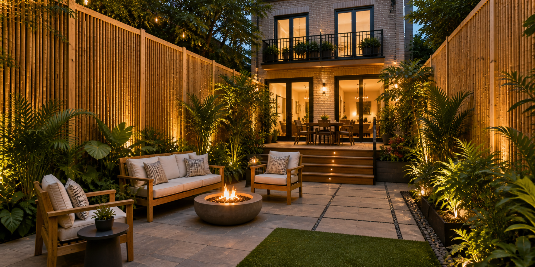 A duplex backyard enclosed by tall bamboo panels with teak chairs, tropical plants, and soft evening lighting