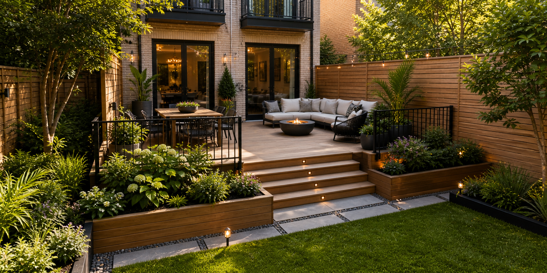 A slightly elevated duplex deck with built-in planters, low railing, and modern outdoor seating surrounded by greenery
